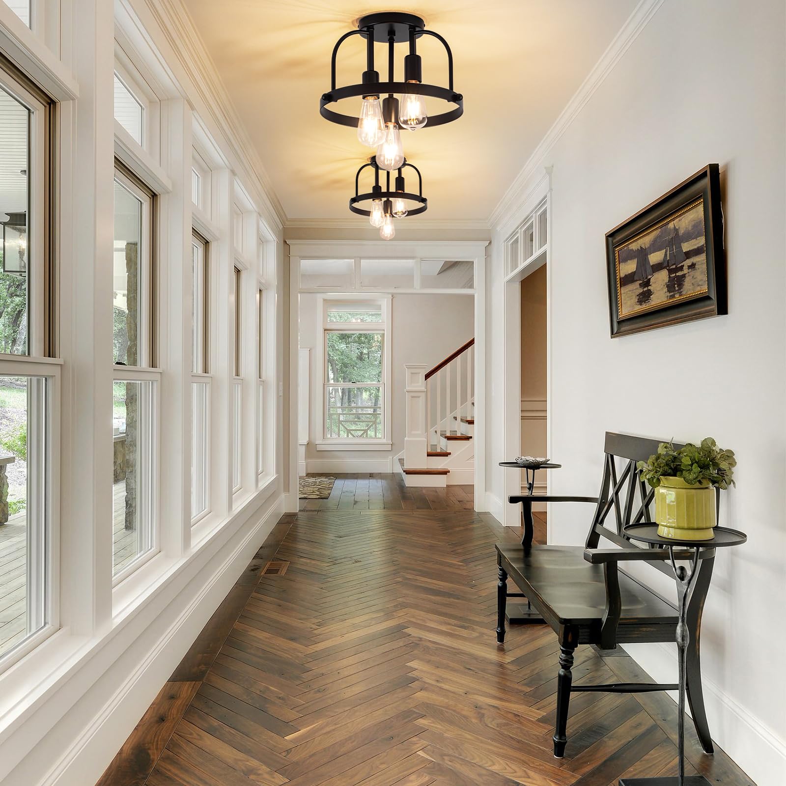 Fengkedu 3 Light Industrial Ceiling Light Black Semi Flush Mount Lights Close To Ceiling Light Fixtures Cage Design Farmhouse Ceiling Lighting For Kitchen Bedroom Bathroom Foyer Hallway (E26  1Pack)