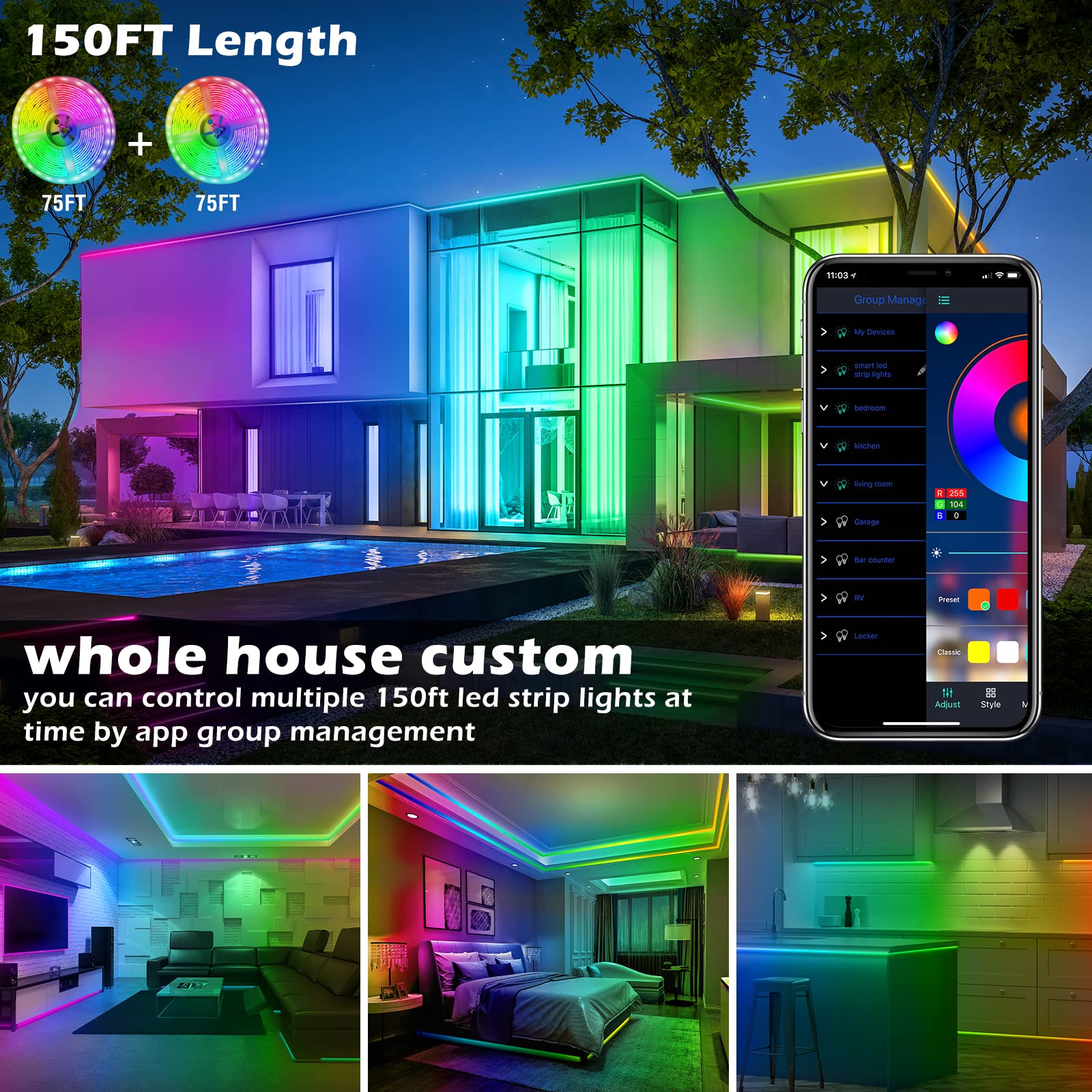 AILBTON 150ft LED Strip Lights - Multicolor 5050 RGB, App & Voice Control, Music Sync, 2 Rolls of 75ft, Ideal for Bedroom & Home Decoration