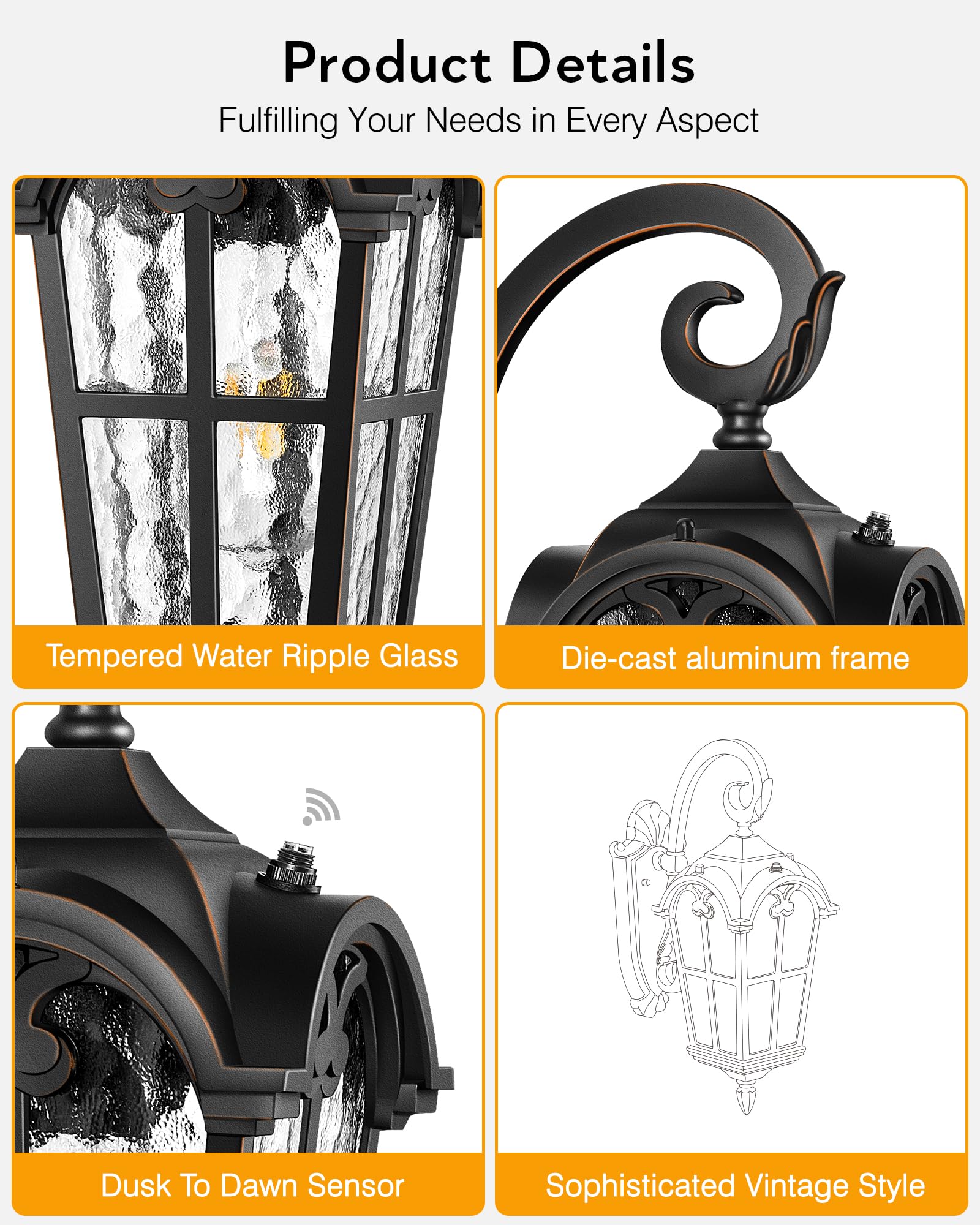Vianis Outdoor Lights For House  Black Dusk To Dawn Outdoor Lights With Gold Trim  2-Pack Modern Outside Wall Light  Coach Lighting For Garage With Ripple Glass  Aluminum Waterproof And Anti-Rust