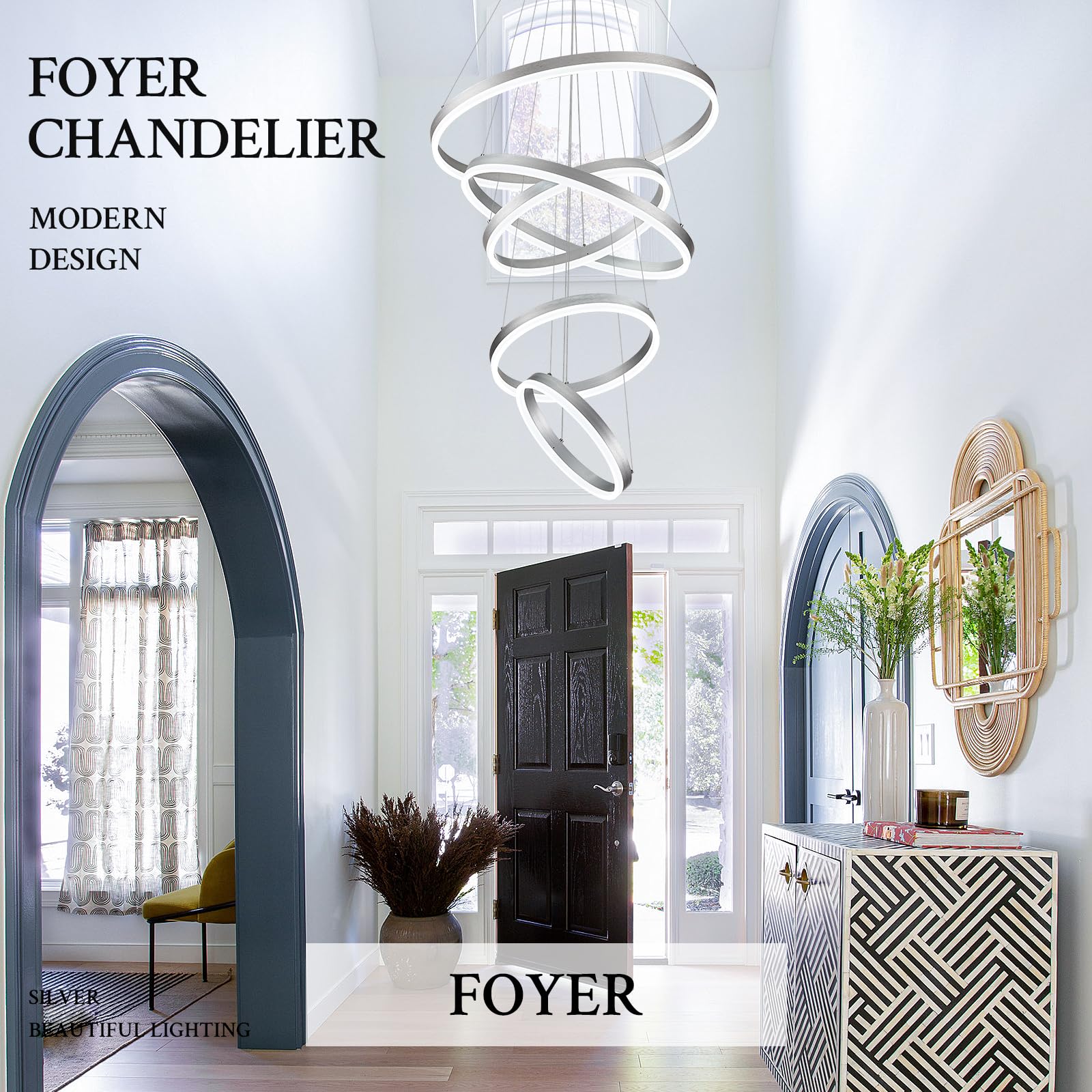 Sparklelf LED Chandelier, Dimmable Silver, 5 Rings 23.6in, Remote Control, Modern Design for Foyer, Dining Room, Living Room, Model SE-P60S