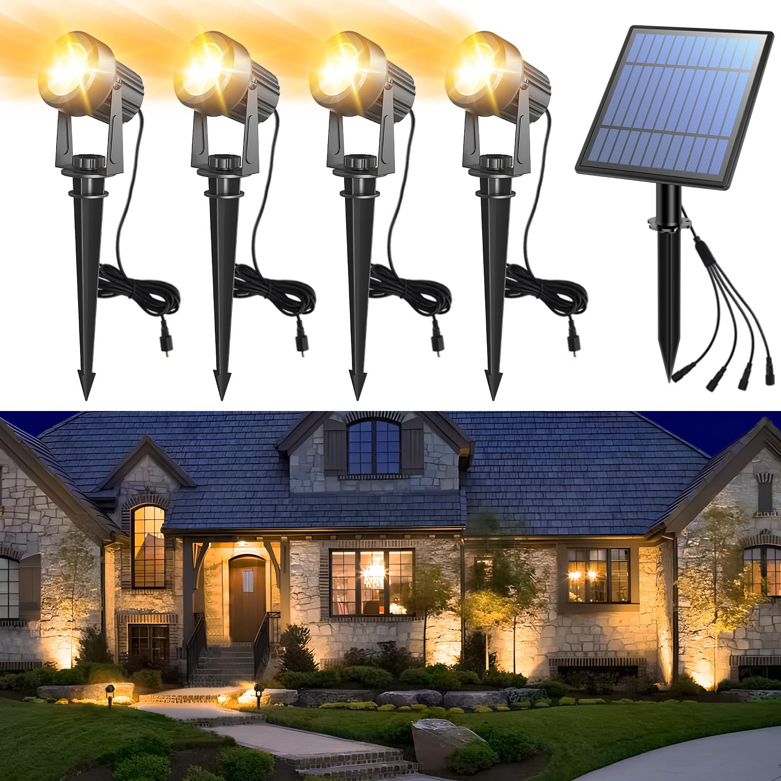 APONUO Solar Spot Lights Outdoor 4-in-1 IP65 Waterproof Warm White 9.8ft Cable Model 18144BDR for Yard Pathway Garden Tree Decoration