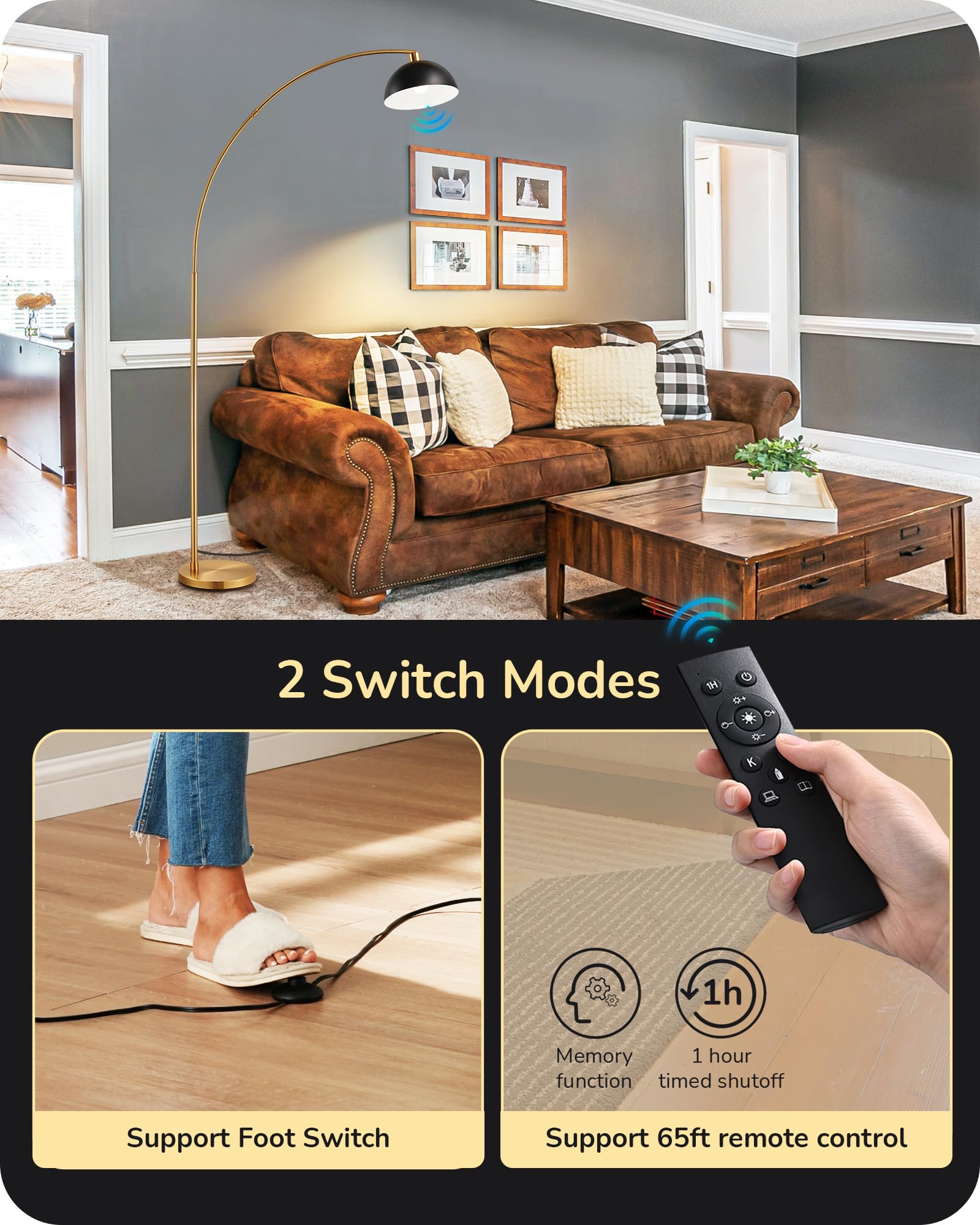 EDISHINE 78.3" Mid Century Modern Floor Lamp with Remote, Rotatable Head, Brass & Black, Ideal for Living Room, Bedroom, Office