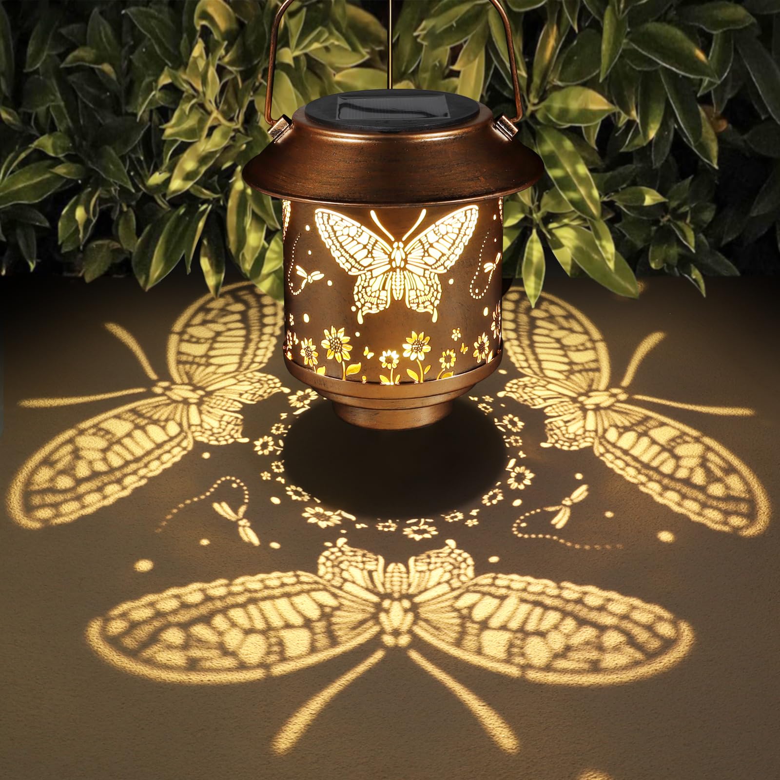 Yamodoor Outdoor Solar Lantern, Metal Butterfly Pattern, 5.5x5.5x5.9 in, Copper, Model MTD-105, Waterproof for Garden and Patio Decor