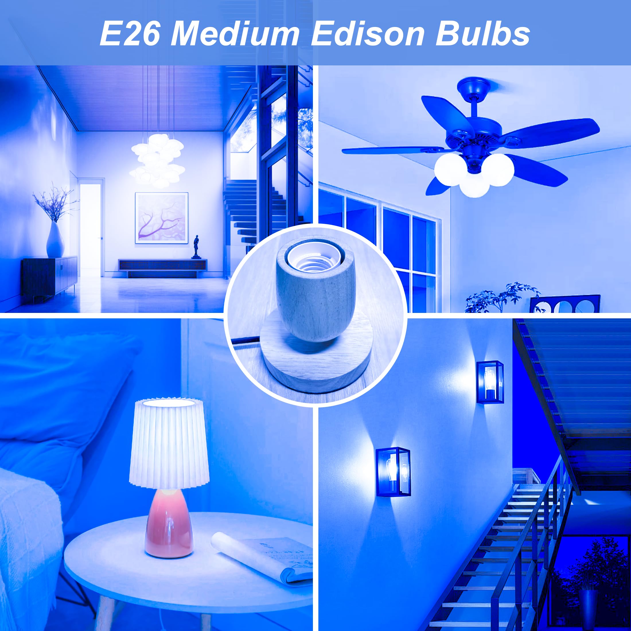 Novelux 4 Pack 3.2 Inch T10 Blue Light Bulb, E26 Base Edison Bulbs Dimmable, Ac 120V 60 Watt Equivalent Clear Glass Filament Bulb, Halloween Christmas Party Bar Colored Light Bulbs, Ul Listed