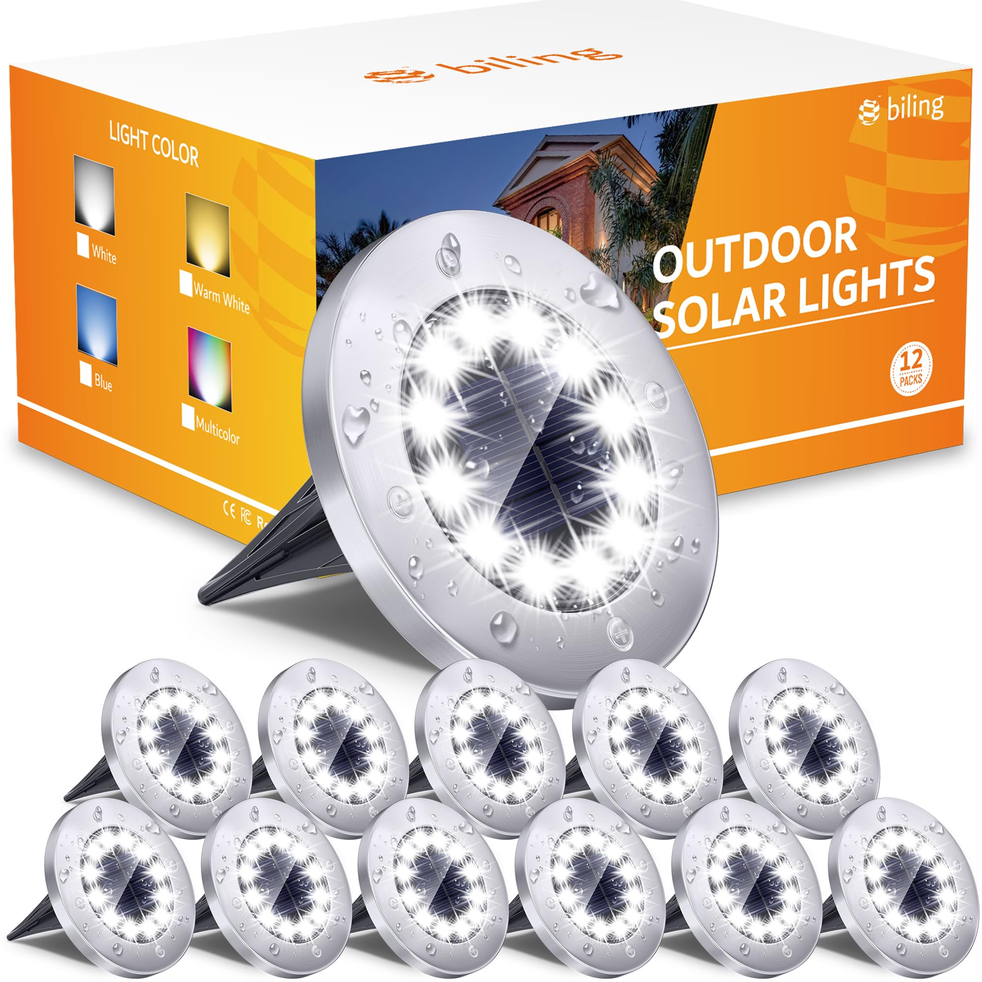 Biling Solar Ground Lights, 12 Pack, Waterproof Flat Pathway Lights, 12 LEDs, White, Stainless Steel