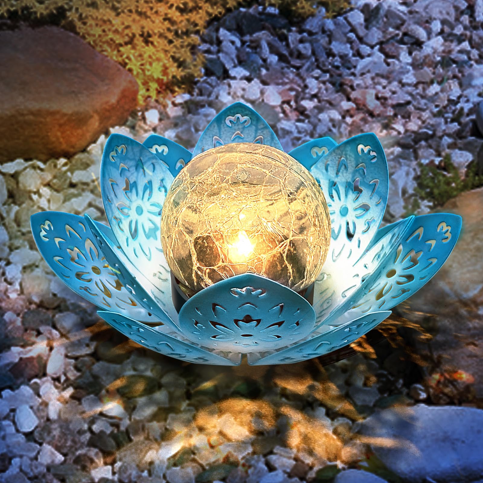 2 Pack Solar Garden Decor Lights Outdoor, Decorative Lotus Flower Solar Lights with Crackle Glass Globe, Waterproof Metal Solar 