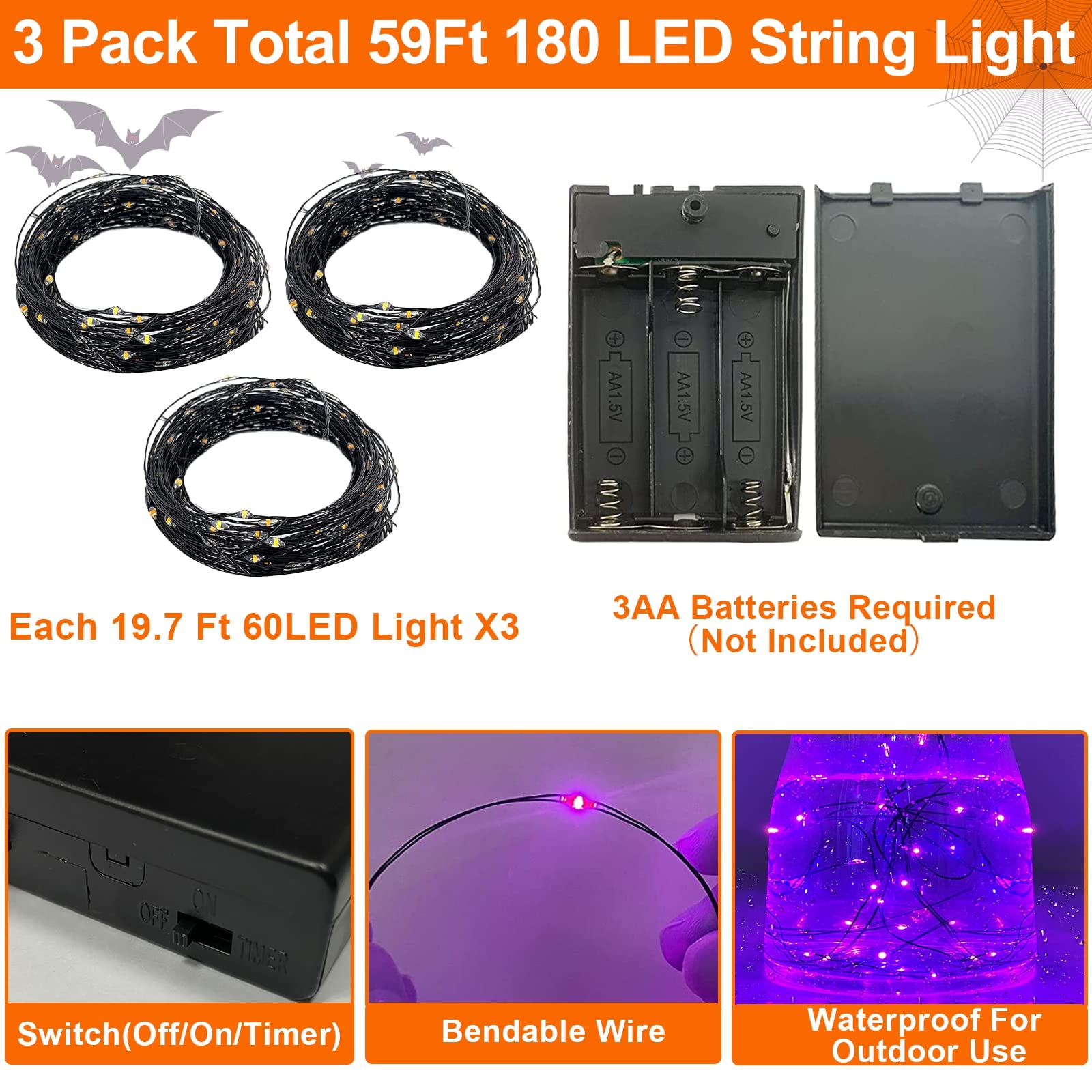 Turnmeon [3 Pack] Halloween String Lights With Timer, Total 180Led/59Ft Copper Wire Battery Operated Halloween Decorations Indoor Outdoor Outside Yard Home Party Decor, 60Led 19.7Ft Each (Purple)