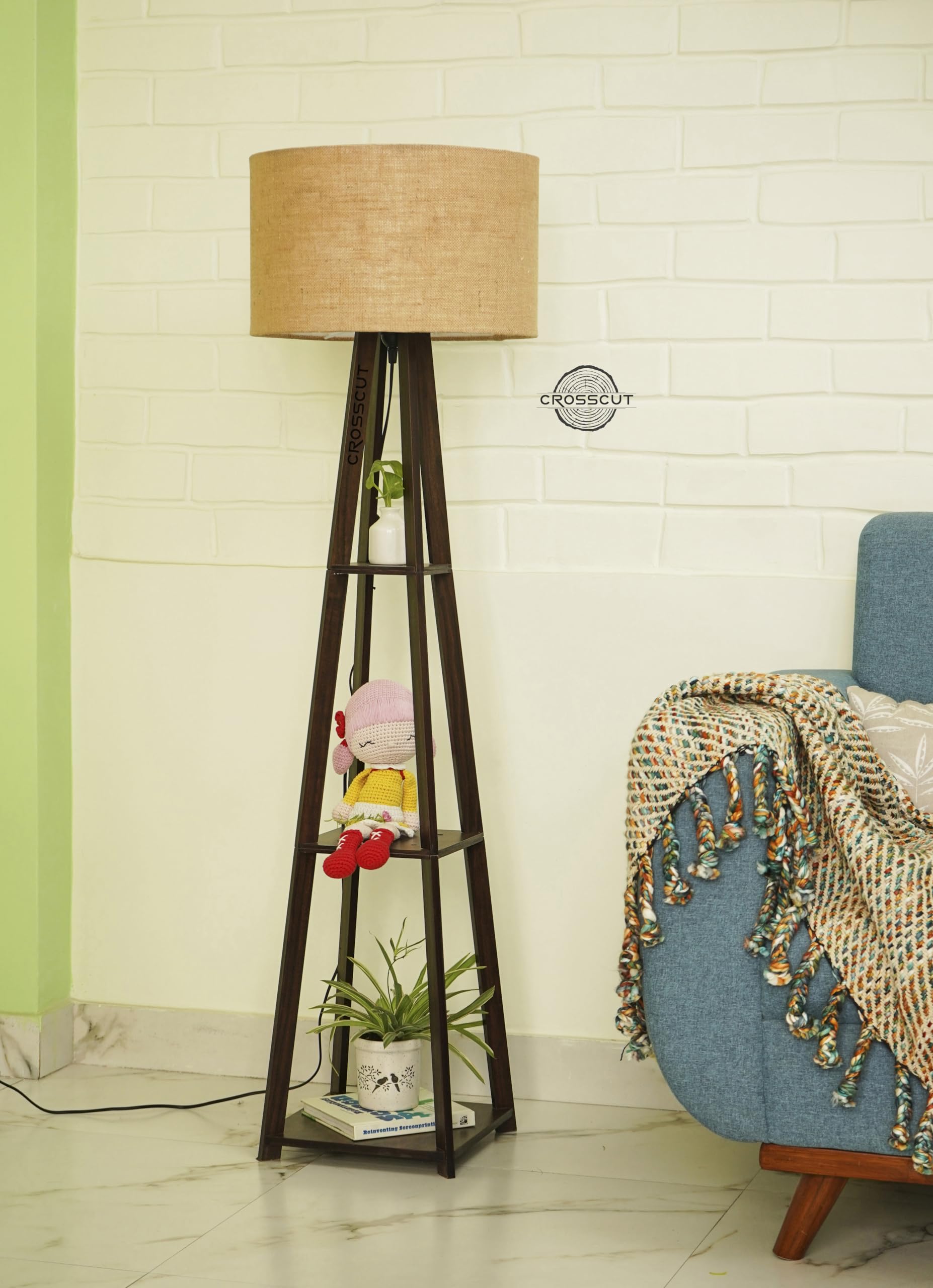 Crosscut Furniture Wooden Floor Lamp with shelf in Dark Finish (Natural Jute)