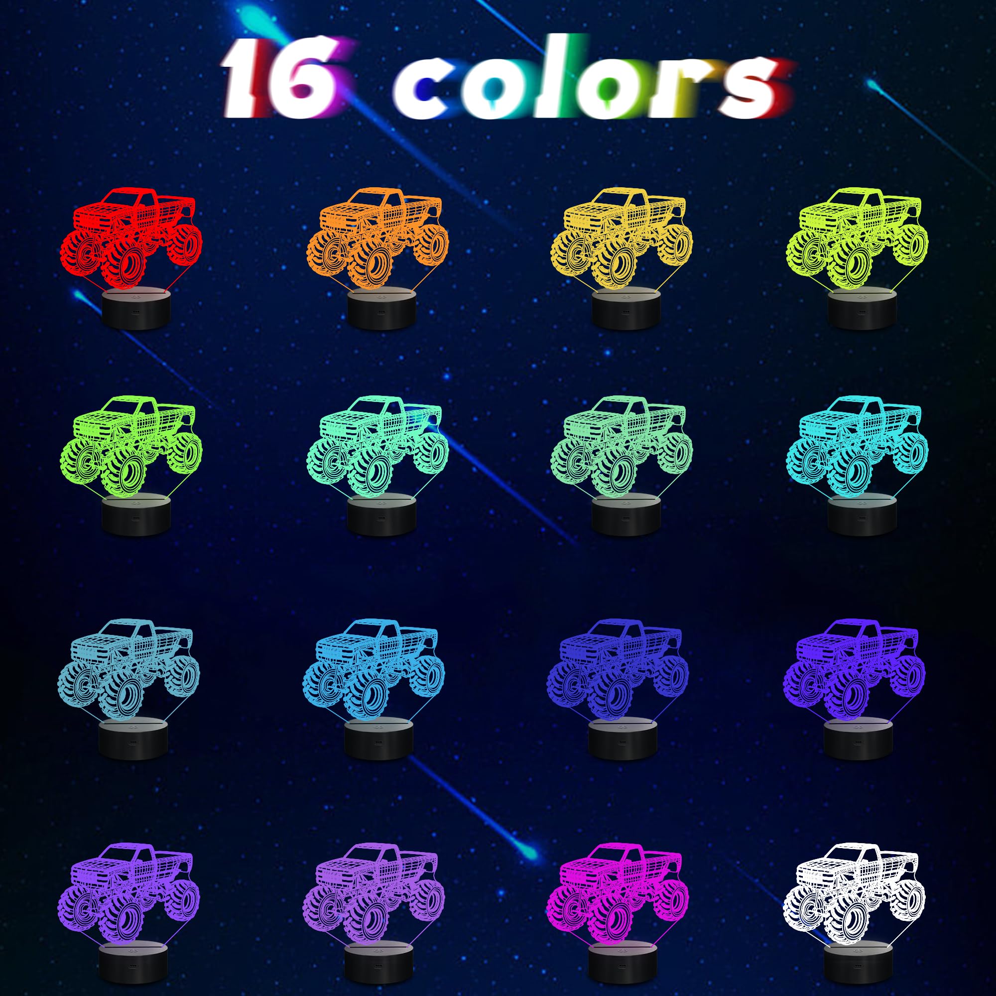 CoolGift Mart Monster Trucks Night Light for Boys, 3D LED Optical Illusion Lamp with Remote Control and Timer, Perfect Christmas