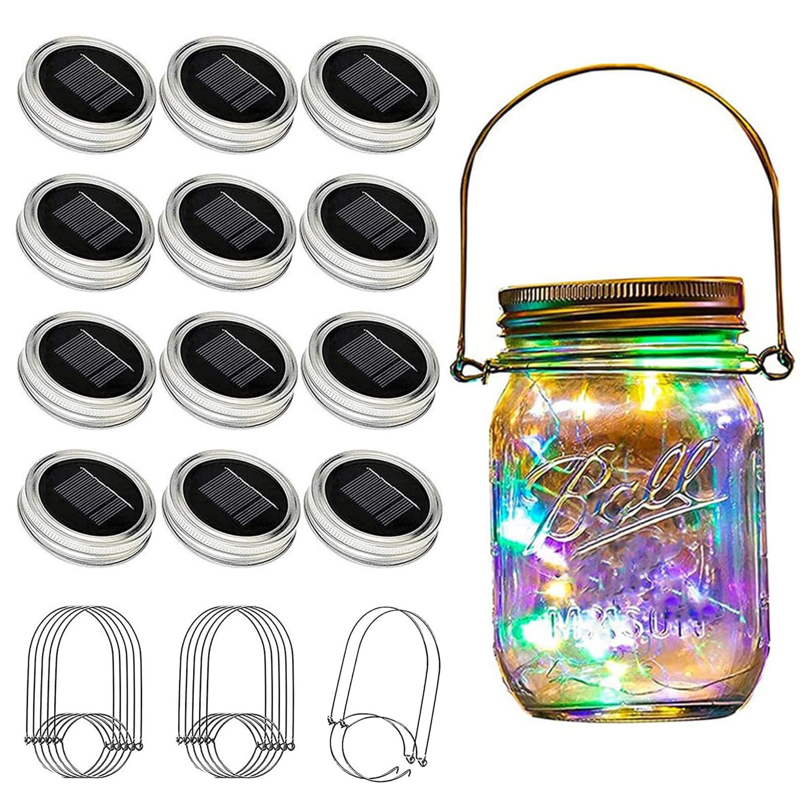 Vookry 12 Pack Solar Mason Jar Lights, 30 Led Mason Jar Lids Waterproof Firefly Fairy String Lights With 12 Hangers(No Jars), Fo