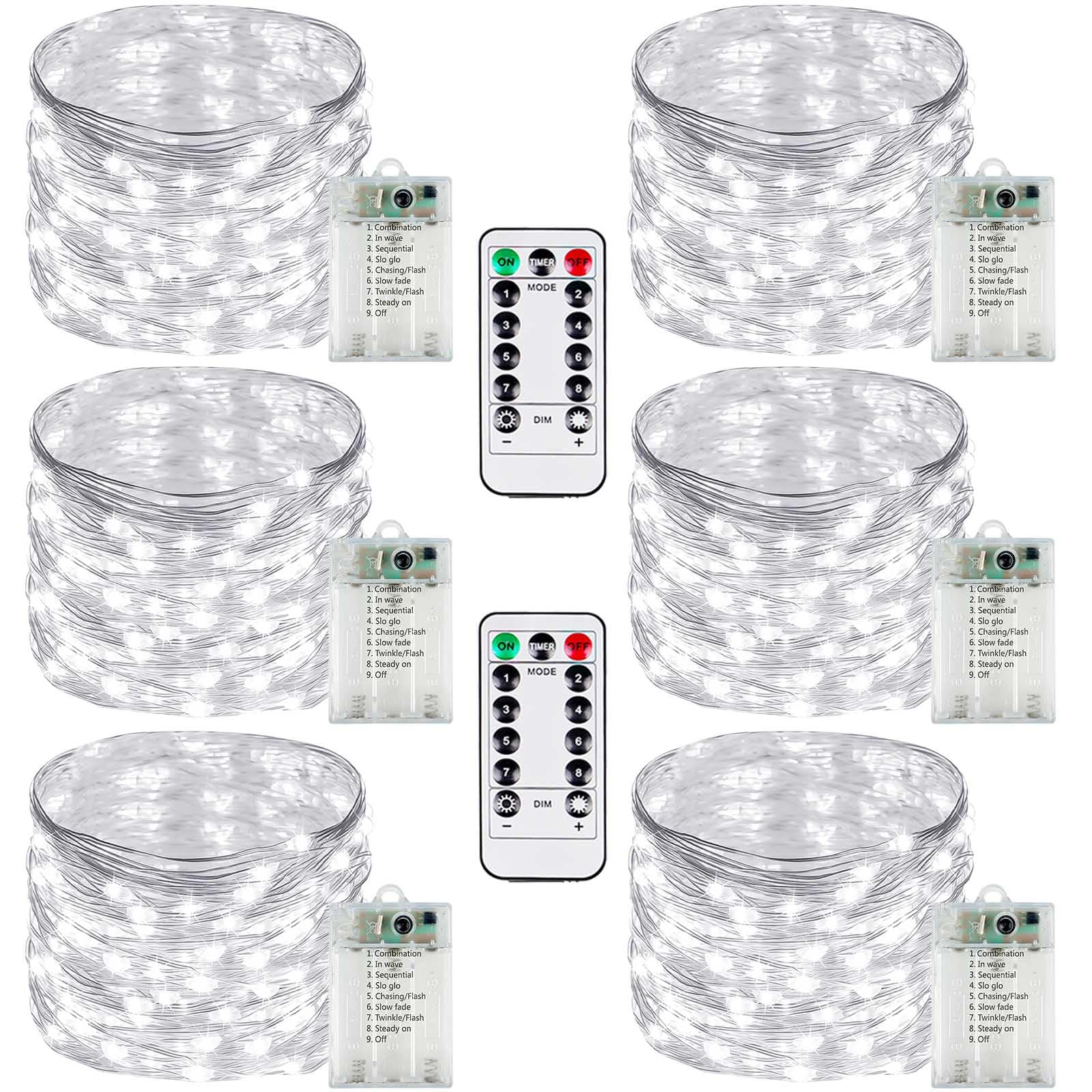 YIQU 6 Pack Fairy Lights, 80 LED String Lights, Battery Operated with Remote Control Timer, Cool White, 26 FT