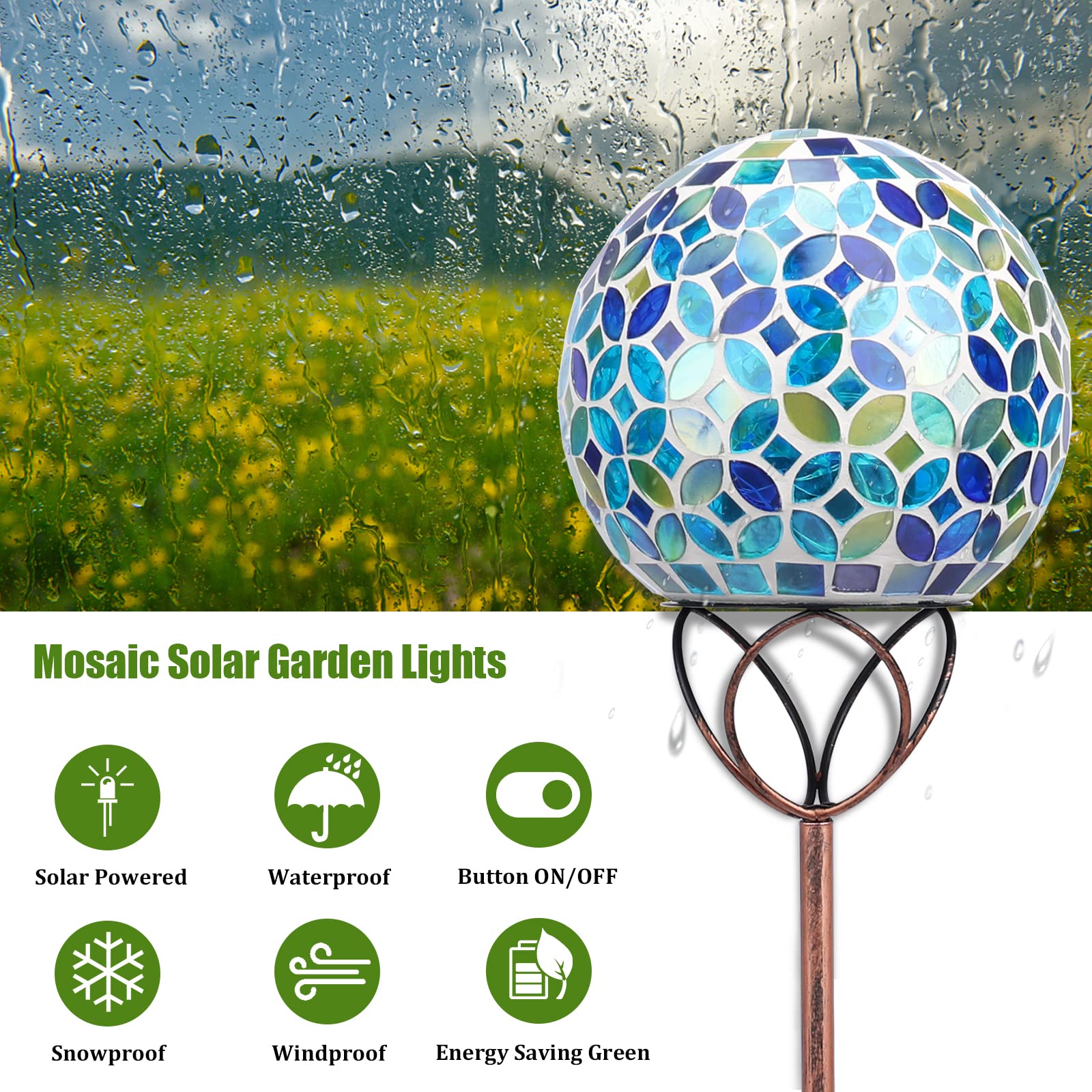 Vcuteka Mosaic Solar Garden Lights, Waterproof Glass Ball Led Pathway Stake Light, 6&quot; Blue