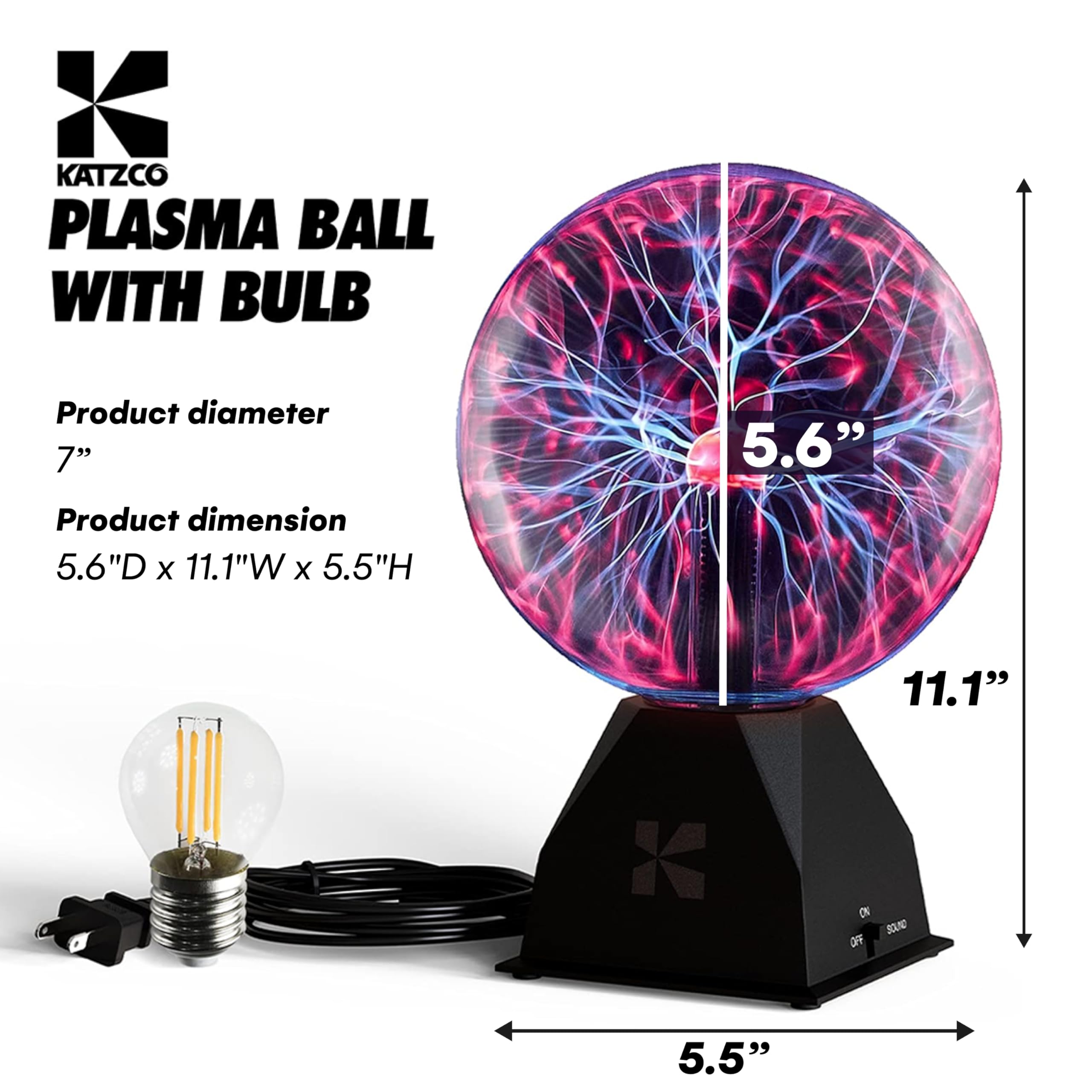 Katzco 7-Inch Plasma Ball With Lightning Charged Bulb - Nebula Sphere, Thunder Lightning, Plug-In - Touch And Sound Sensitive Pl