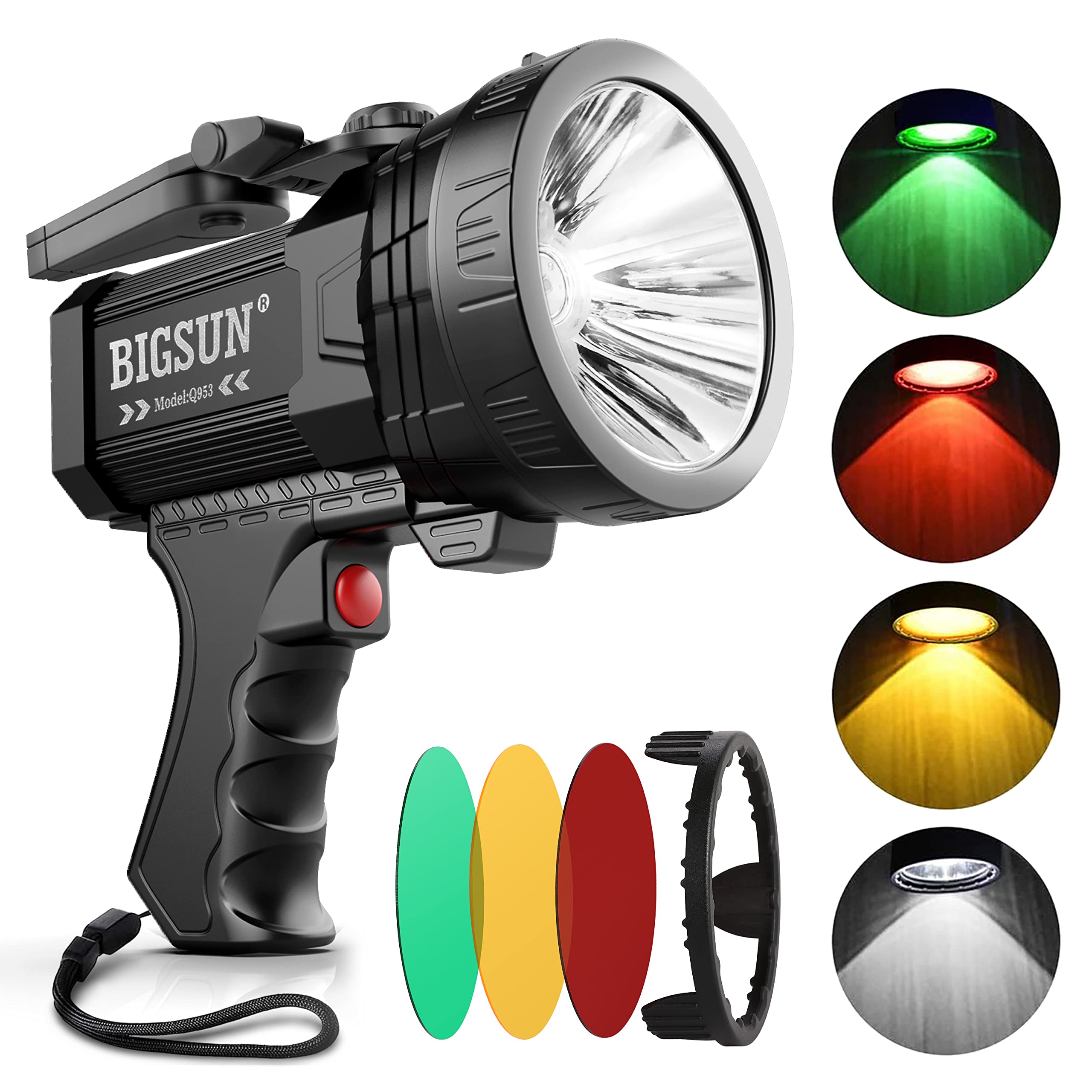 BIGSUN Rechargeable Spotlight, High Lumens 1000,000 LED Flashlight with Three Filter Lens, Built-in 10000mAh Battery Pack, Outdo