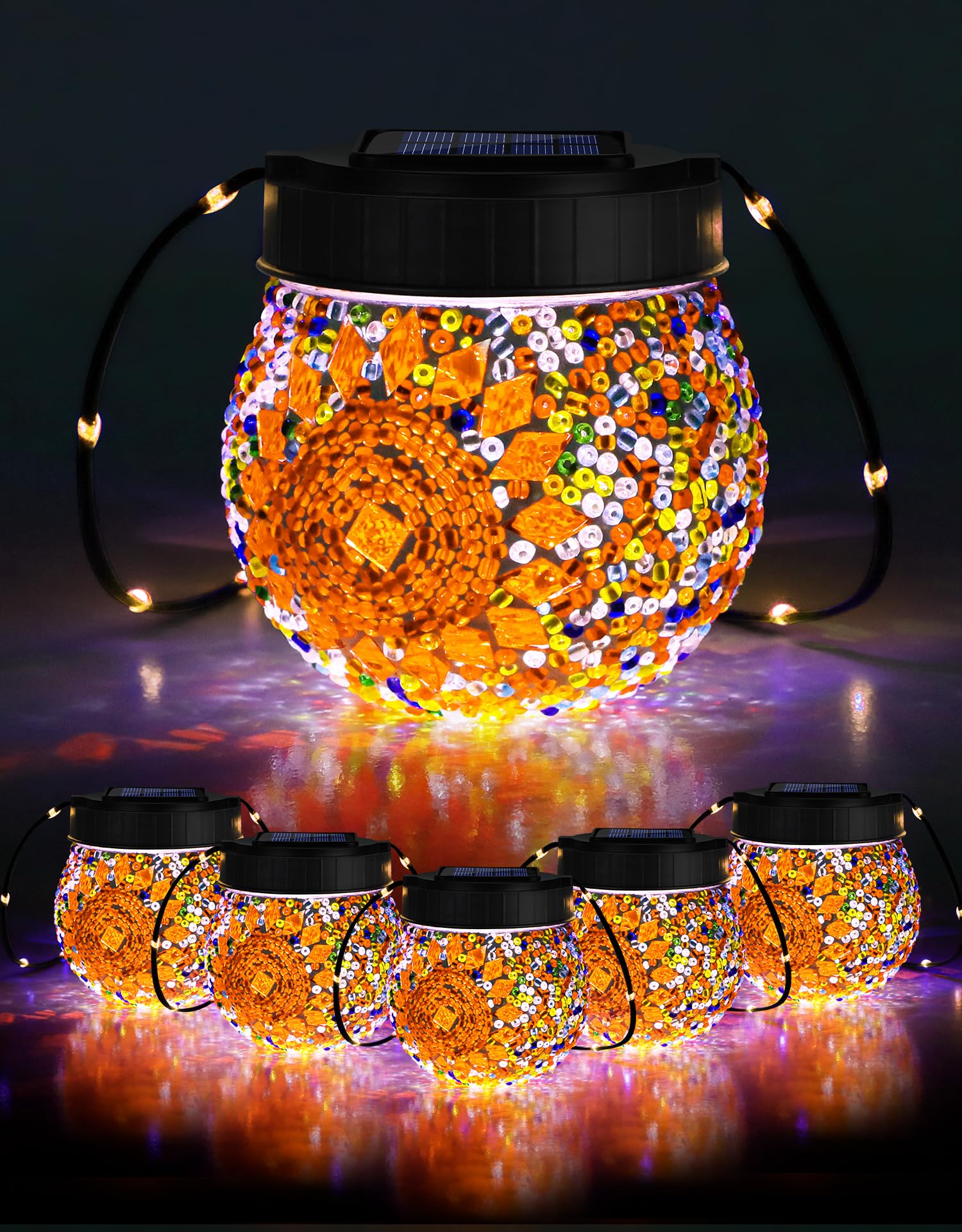 PARTPHONER Mosaic Solar Lights - 6 Pack, Waterproof Glass Globe Lanterns, Orange, Model PASO061AY6, Ideal for Garden & Patio Decor