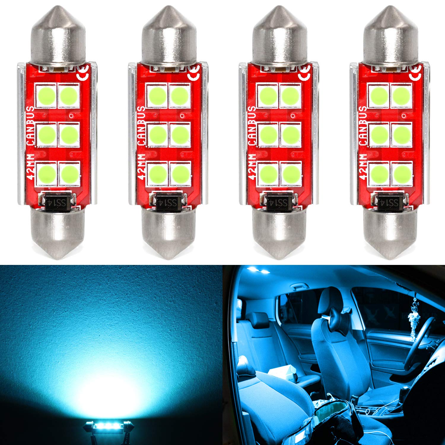 PHINLION 578 LED Ice Blue Bulb 3030 6-SMD Festoon 41mm 42mm for Car Interior Lighting (4 Pack)