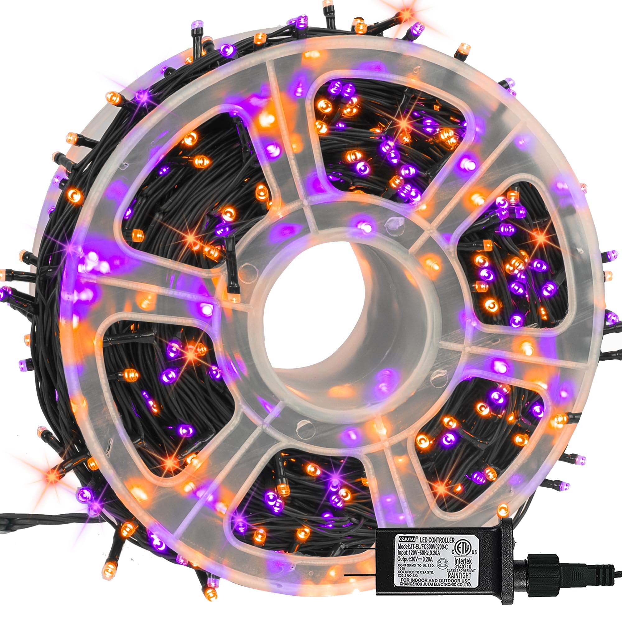 Dazzle Bright Halloween String Lights, 500 LED, Waterproof, Black Wire, 8 Modes, Purple & Orange