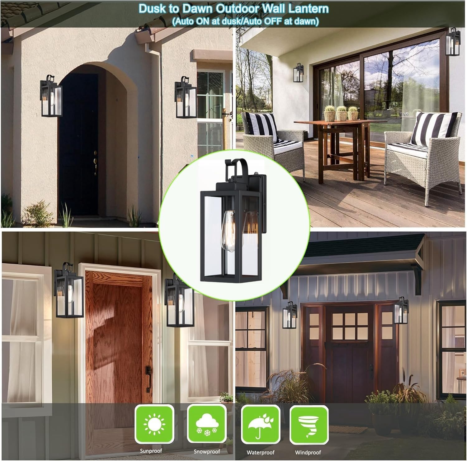 Wisbeam 2 Pack 13.75In Black Outdoor Wall Sconce, Dusk To Dawn Outdoor Wall Light, E26 Base 60W Max, Metal Housing Plus Glass, E