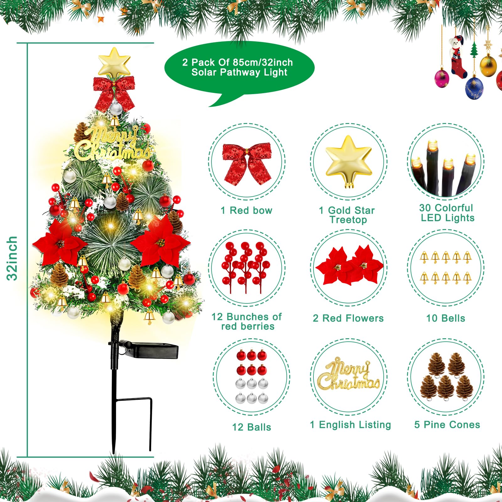 Mukum 32 Solar Xmas Tree Lights - 2 Pack, Waterproof LED Outdoor Decorations with Pinecones, Star & Bells, Yellow Light - 2 Modes for Garden