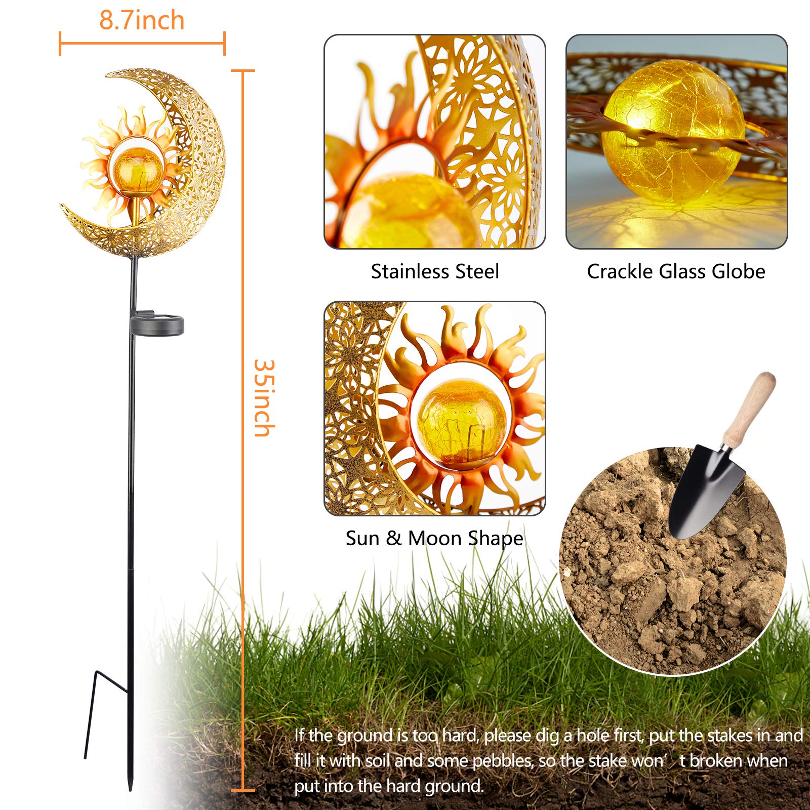 Licklip Solar Garden Lights, Sun & Moon Crackle Glass Globe, Waterproof Led Outdoor Decoration