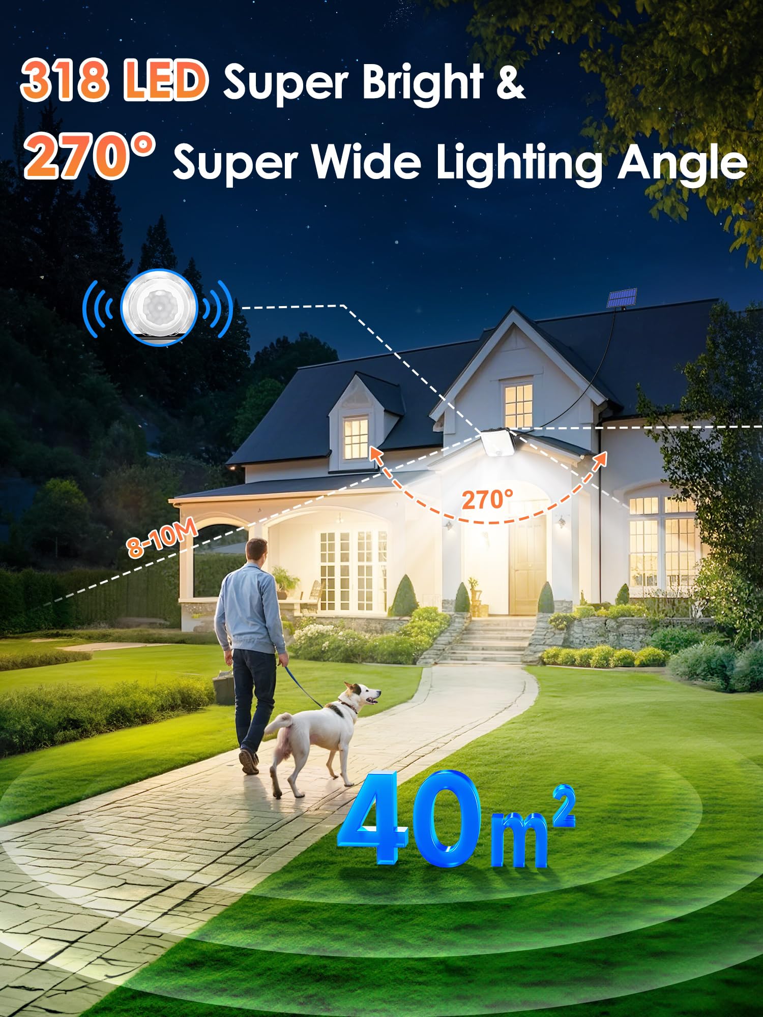Pikoy Solar Flood Lights Outdoor[318Led/33Ft/5 Modes] Remote Ip65 Solar Motion Lights Outdoor Waterproof,Security Luces Solares