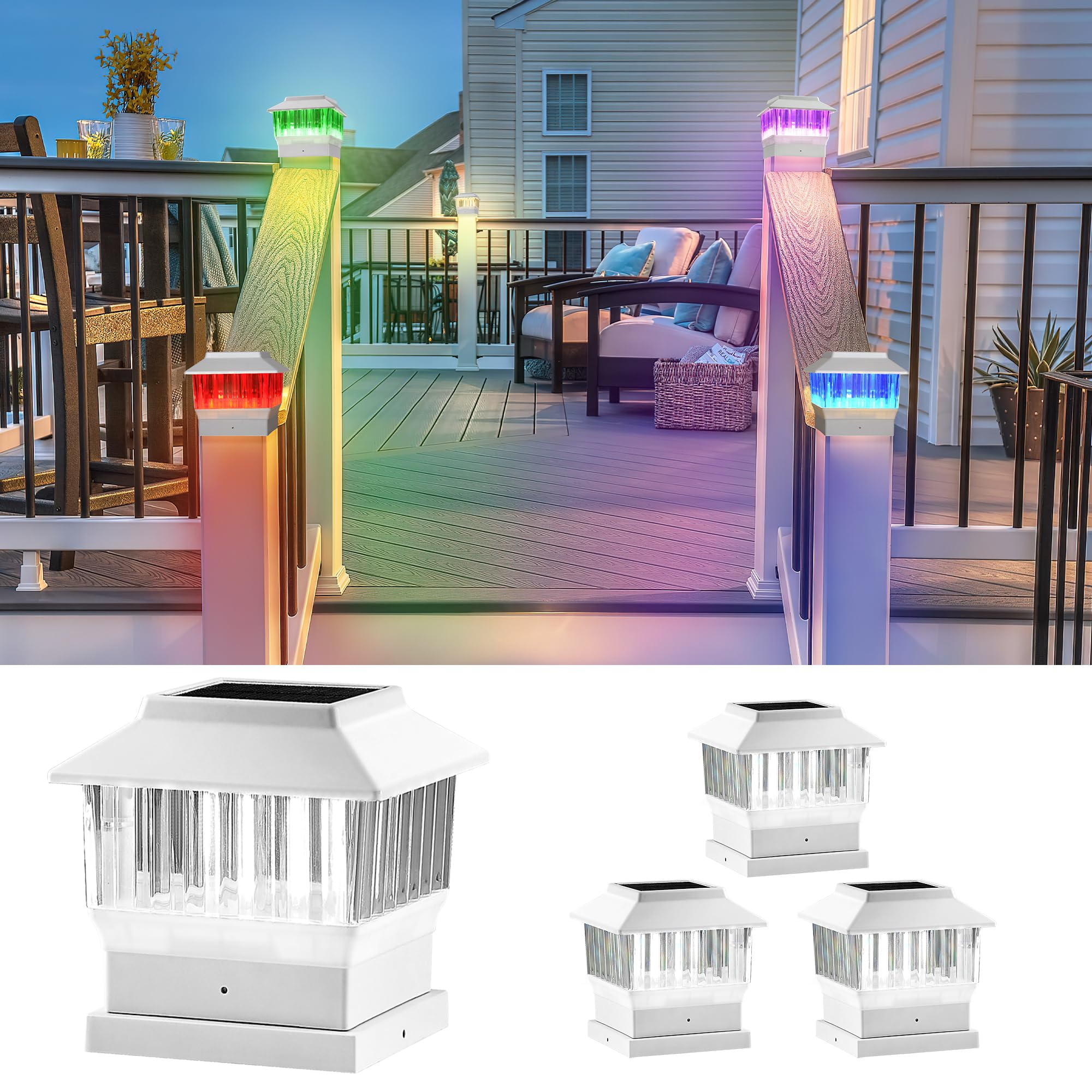 Moon-De-Age Rgbw Solar Post Cap Lights, 50 Lumen, 4 Pack For Garden & Patio, Led Outdoor Decor