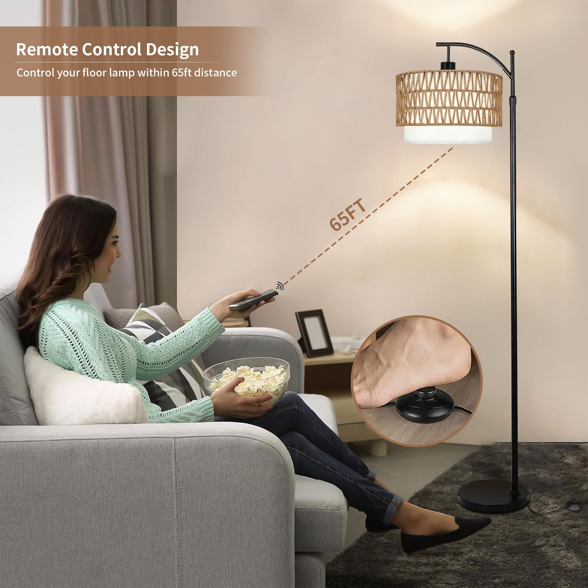 Arc Floor Lamp With Table And Shelves,Rattan Boho Floor Lamp With Remote Control,Rustic Floor Lamp For Bedroom Wicker Standing L