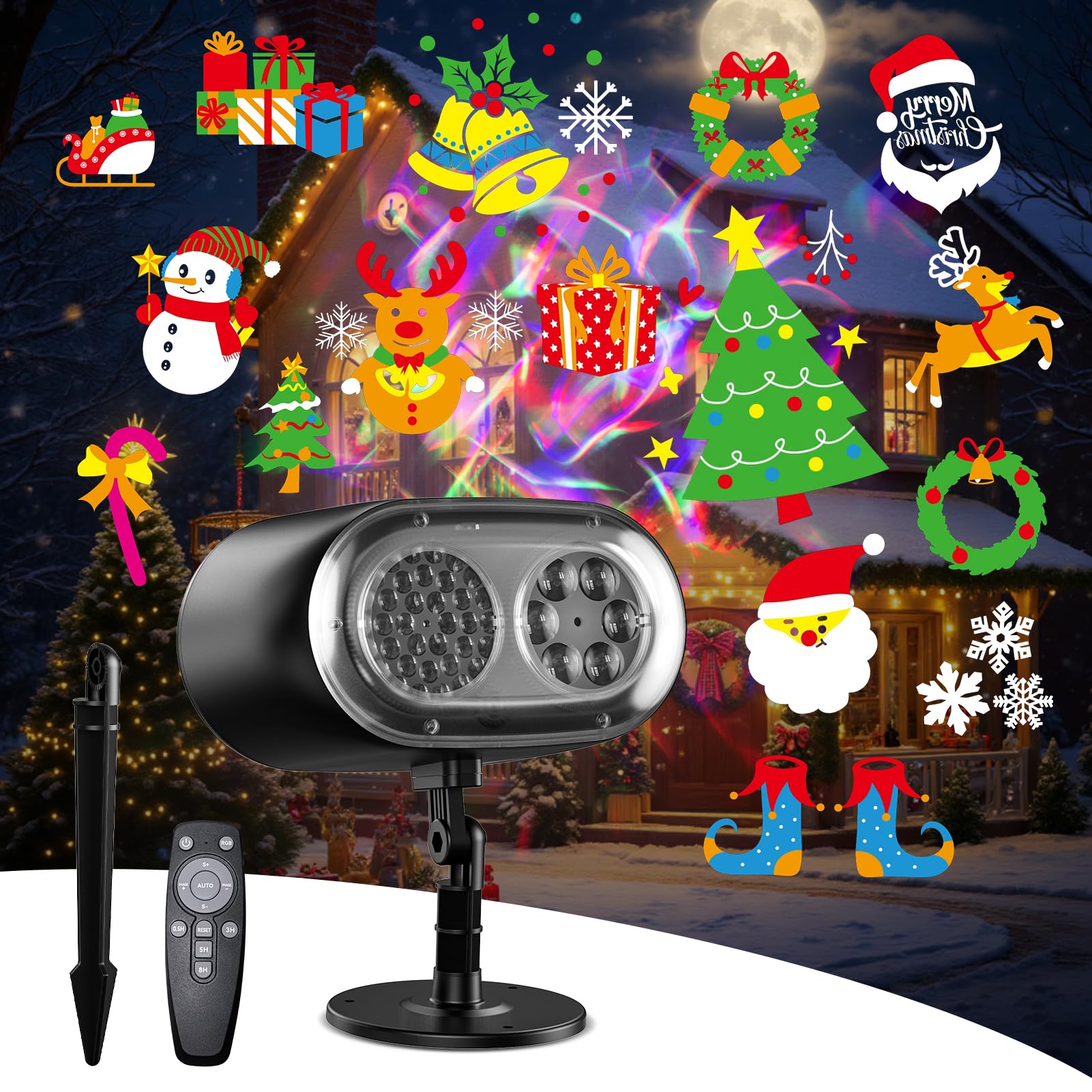 Christmas Projector Lights Outdoor No Need to Change Cards, 26 Effects Holiday Christmas Projector Light Outdoor 2 in 1 with Rem