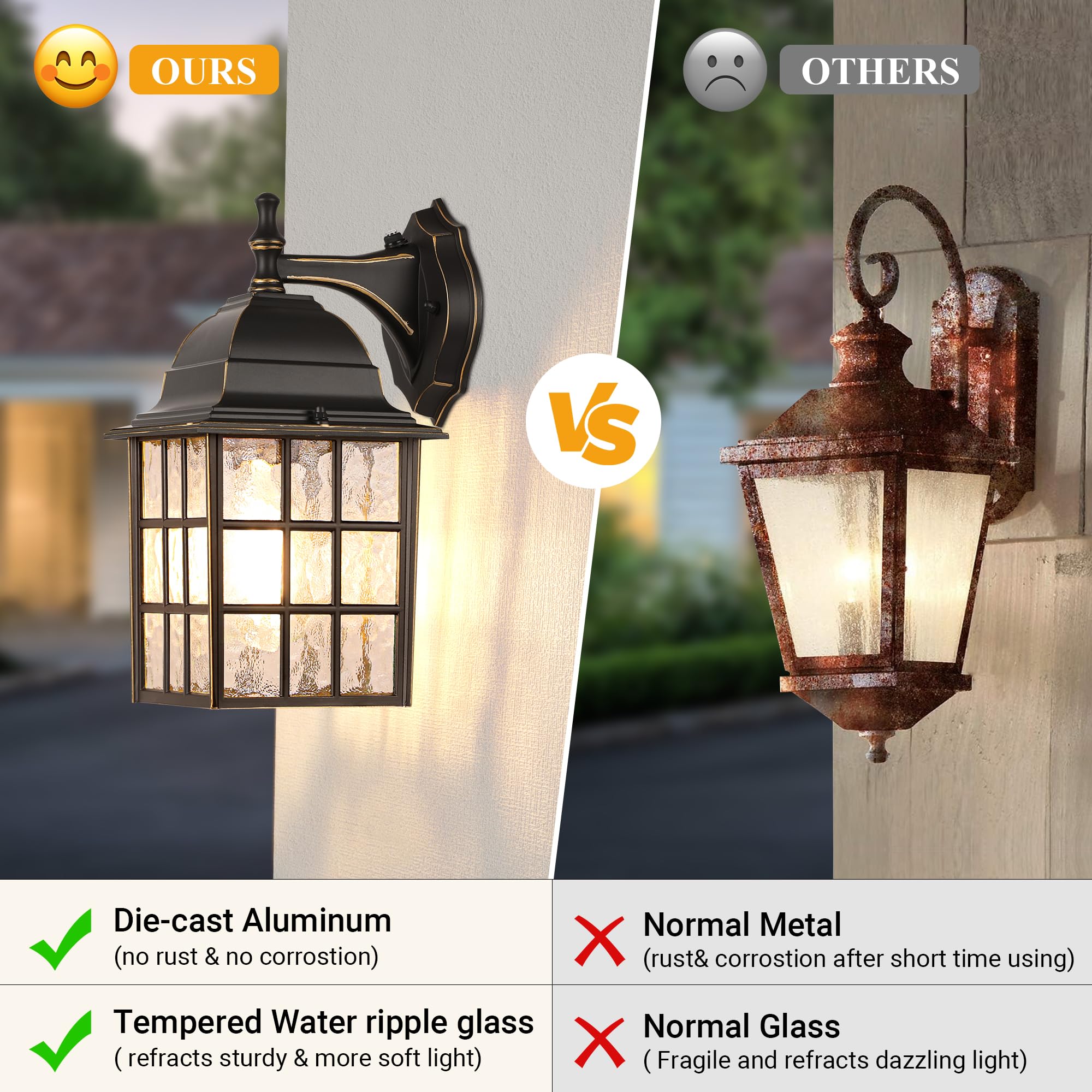 Wihtu Black Dusk To Dawn Outdoor Lights For House With Gold Rim, Sensor Exterior Lighting Fixtures Wall Mount, Waterproof Porch