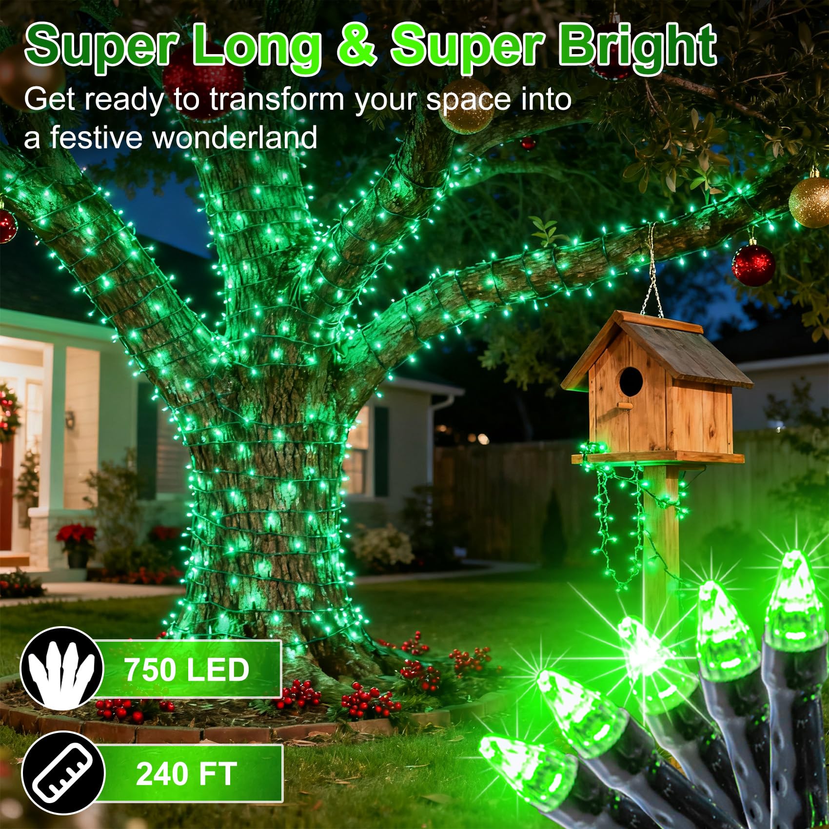 750 Led 240Ft Christmas String Lights Outdoor  12 Pro Modes And Timer Memory & Brightness  Plug In Waterproof Dark Green Wire Twinkle Light For For Xmas Yard Tree Wedding Party Decor (Green)