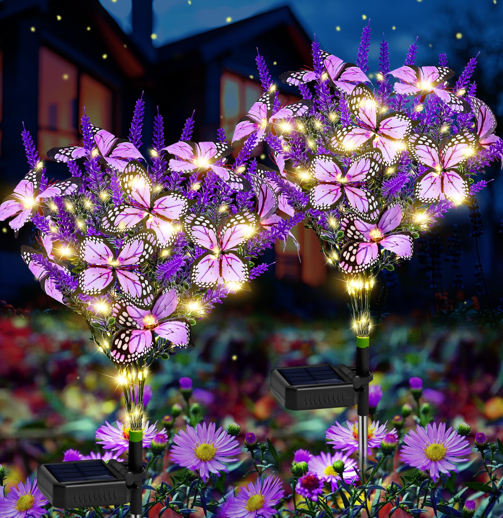 Solar Garden Lights, Solar Lavender Butterfly Lights, Solar Artificial Flower Lights Outdoor Waterproof Decoration, Gardening Gifts For Women, Yard Patio Pathway Lawn Courtyard Decoration(Warm White)