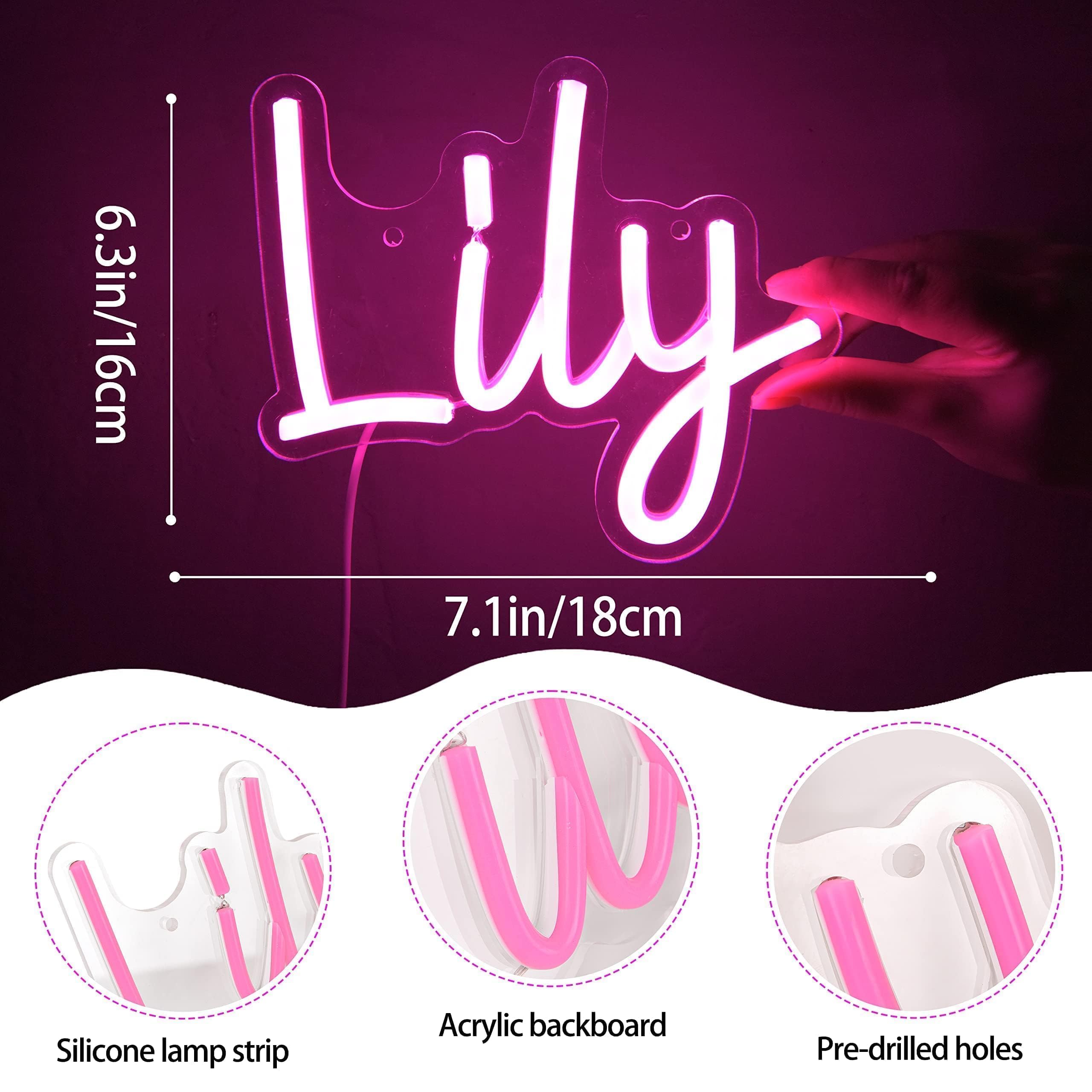 attneon Lily Name Neon Sign - LED Wall Decor for Kids, Pink, 9x6.7 inch, Model JTLD400