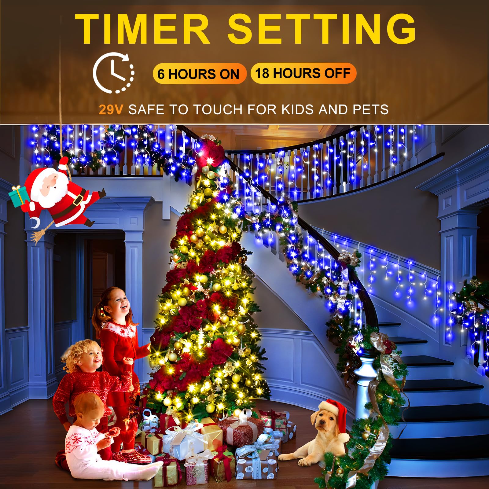 KNONEW LED Curtain Fairy String Lights, 400 LED, 33ft, 8 Modes, Blue and White, Clear Wire, Indoor/Outdoor Decor