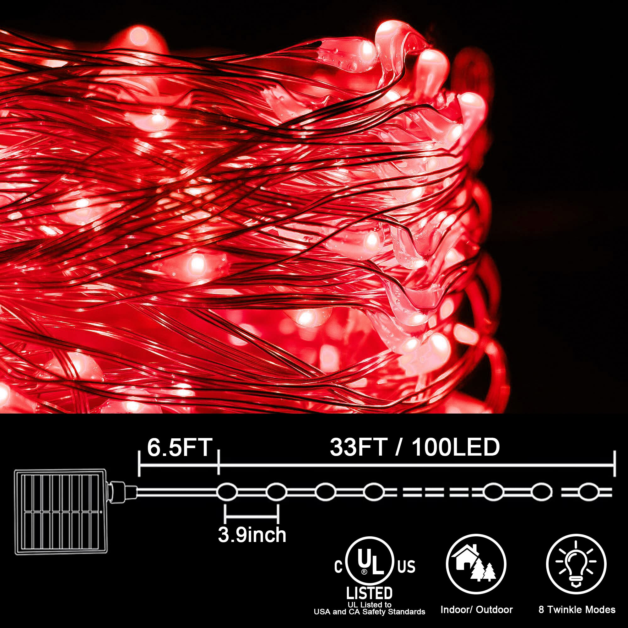 kemooie Solar Fairy Lights, 100 LED 33FT, 8 Twinkle Modes, Waterproof, Red, for Outdoor Decorations, Christmas, Valentines Day