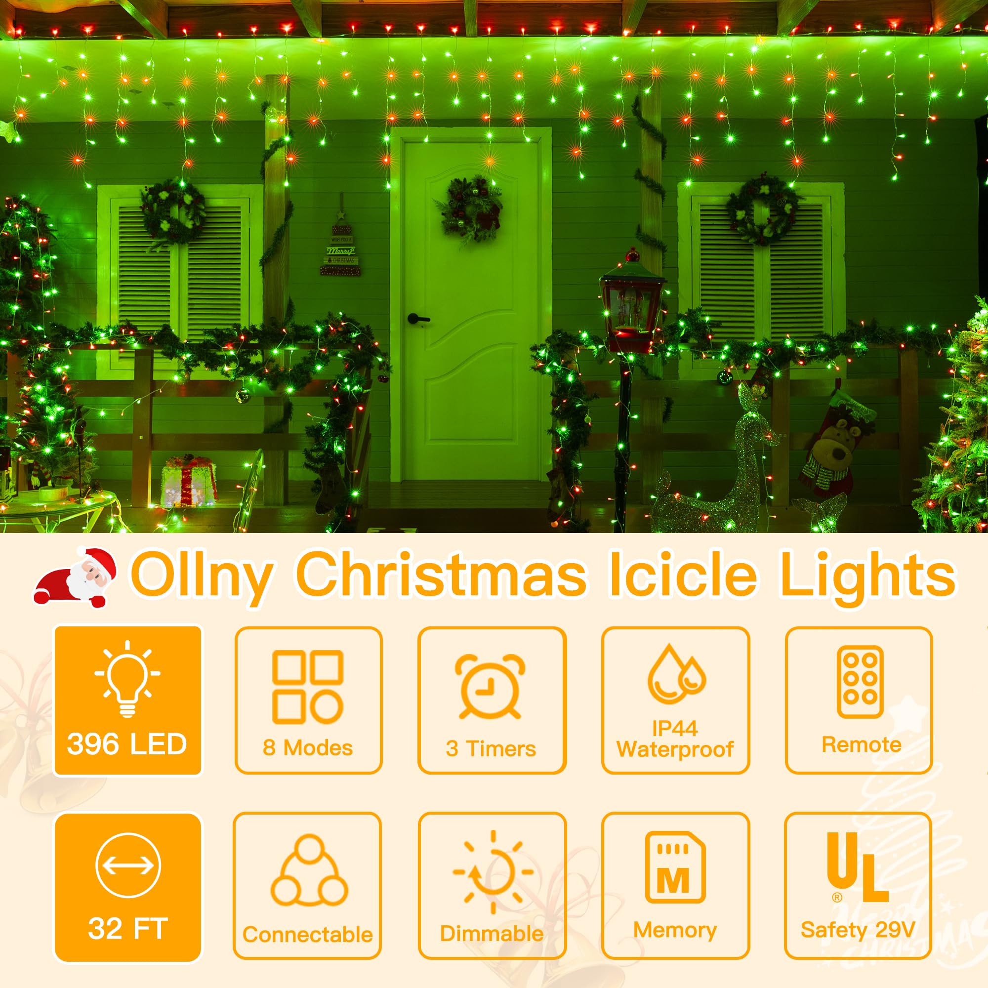 Ollny Icicle Lights For Outside 396Led 32Ft, Red And Green Christmas Light With Remote 8Modes Timers Waterproof, Plug In Connect