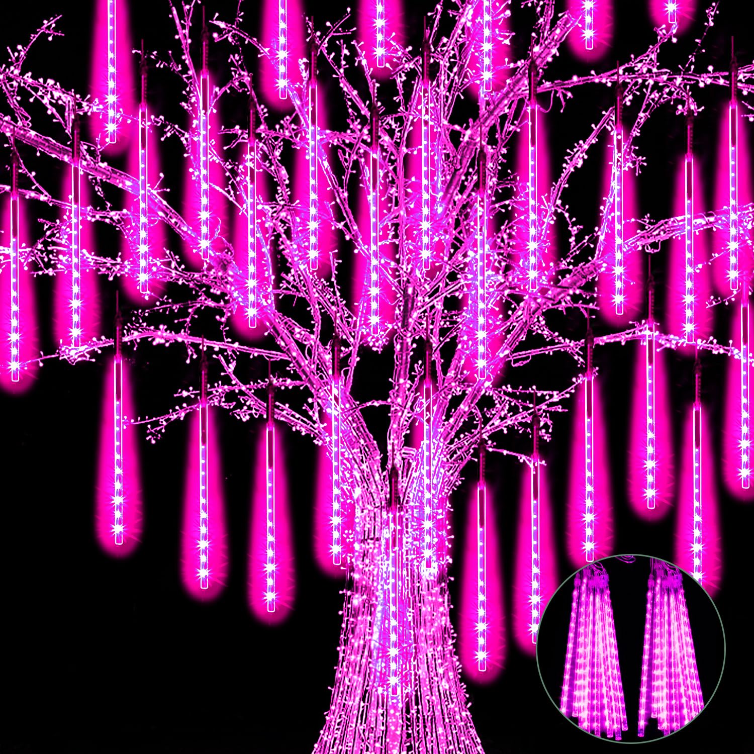 Jjgoo ?2 Pack? Christmas Lights Meteor Shower Rain Lights 12Inch  Totally 20 Tube 480 Leds Icicle Light Outdoor Raindrop Light For Xmas Halloween Wedding Party Tree Holiday Decoration  Pink