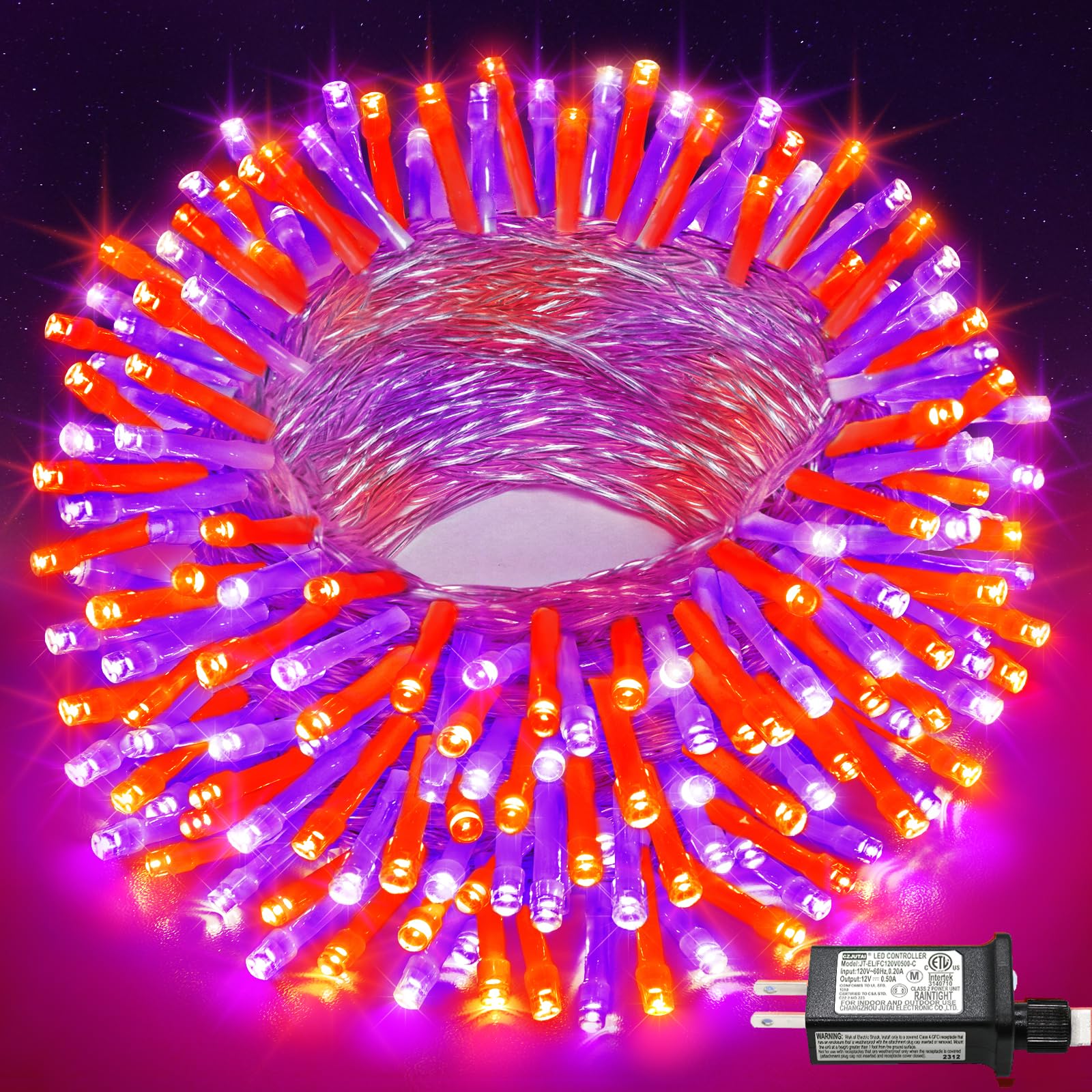 Nielfoi 66Ft 200 Led Christmas Lights Outdoor  Orange & Purple Christmas String Lights Indoor Waterproof With 8 Modes  Connectable Clear Wire Twinkle Fairy Lights For Indoor Home Xmas Garden Decor