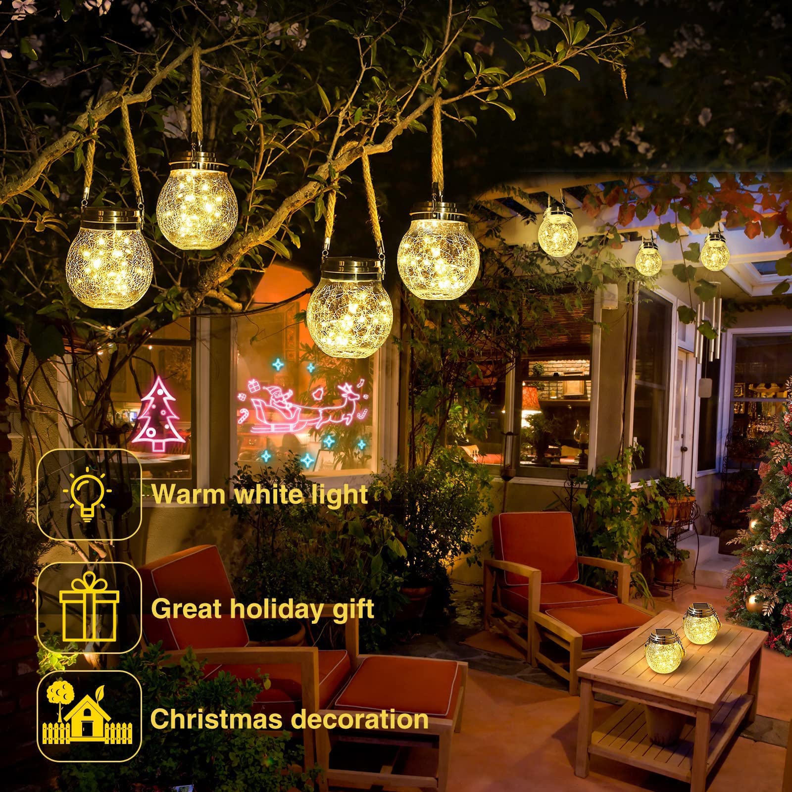 ROSHWEY Solar Lanterns 2 Pack, Waterproof Stainless Steel Hanging Lights, Warm White LED for Garden, Patio, Backyard, Model T28