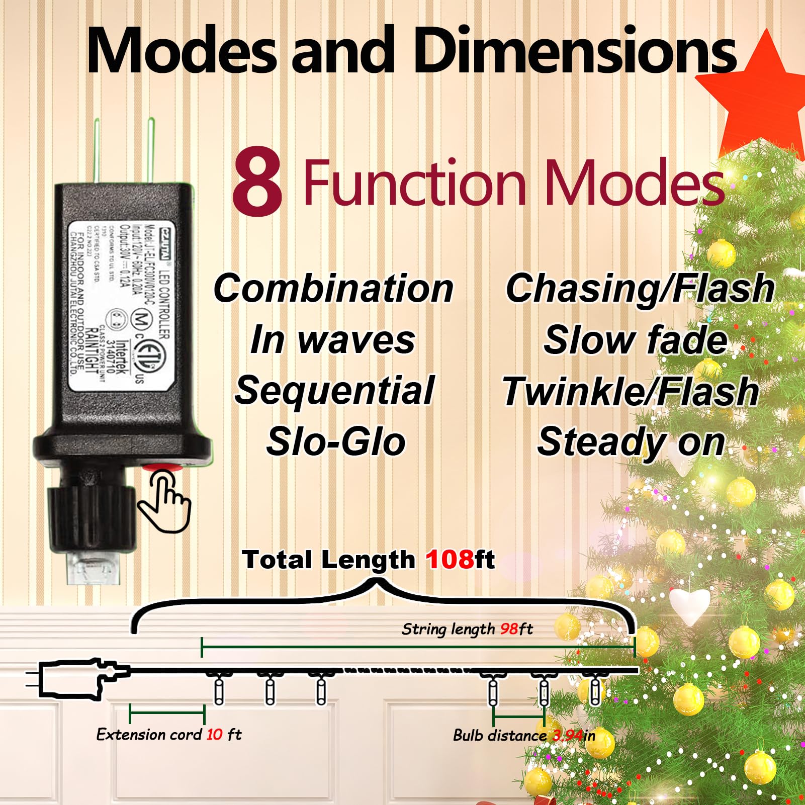 ILLUMINEW 300 LED String Lights, Waterproof Red Green Fairy Lights, 108 Ft, 8 Modes, Model JT-ELFC300V0120-C