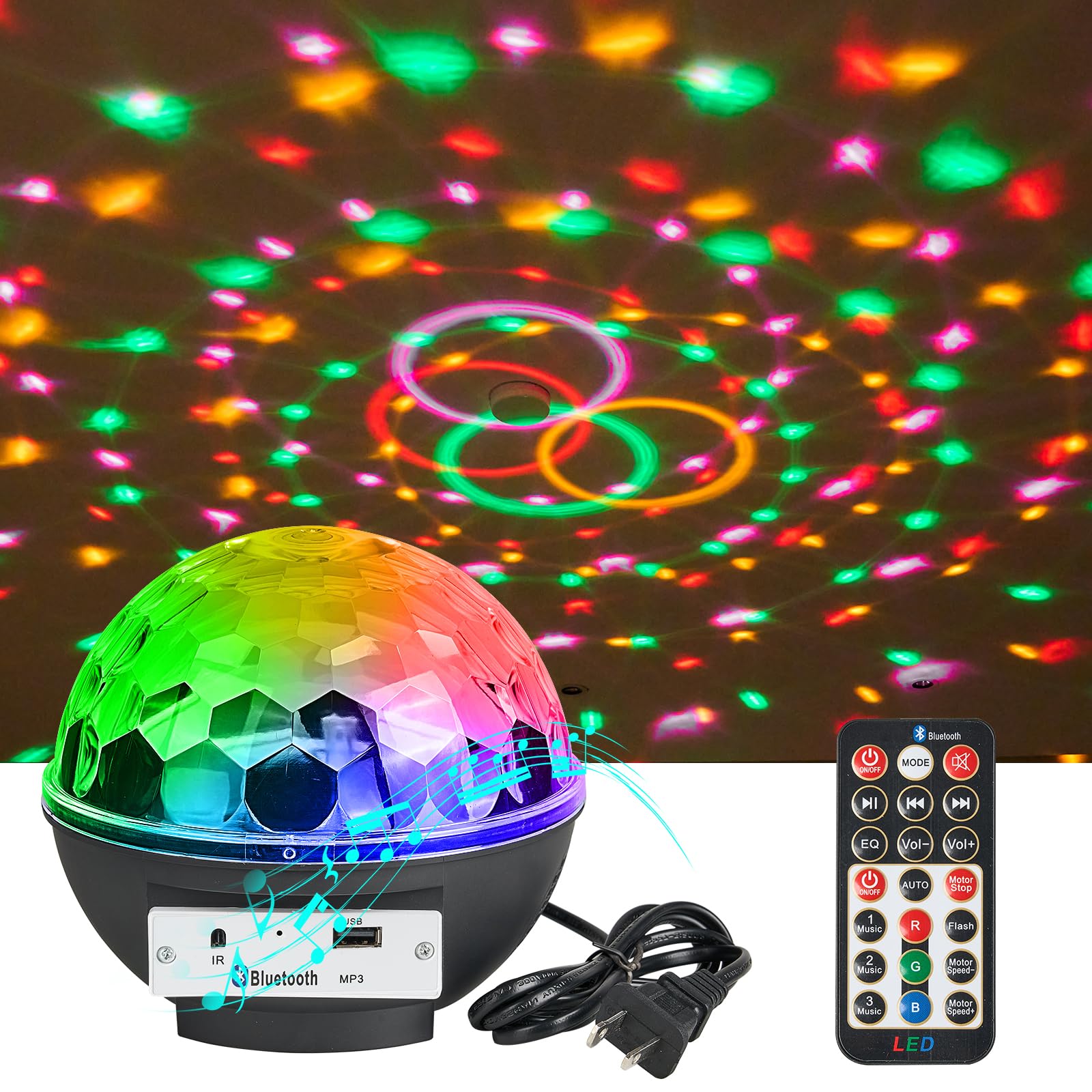 LLUOTE Disco Ball Light Speaker, Remote Control, 6 Colors, Large Size, ABS, Black, Model DSK-YXH for Parties & Decorations