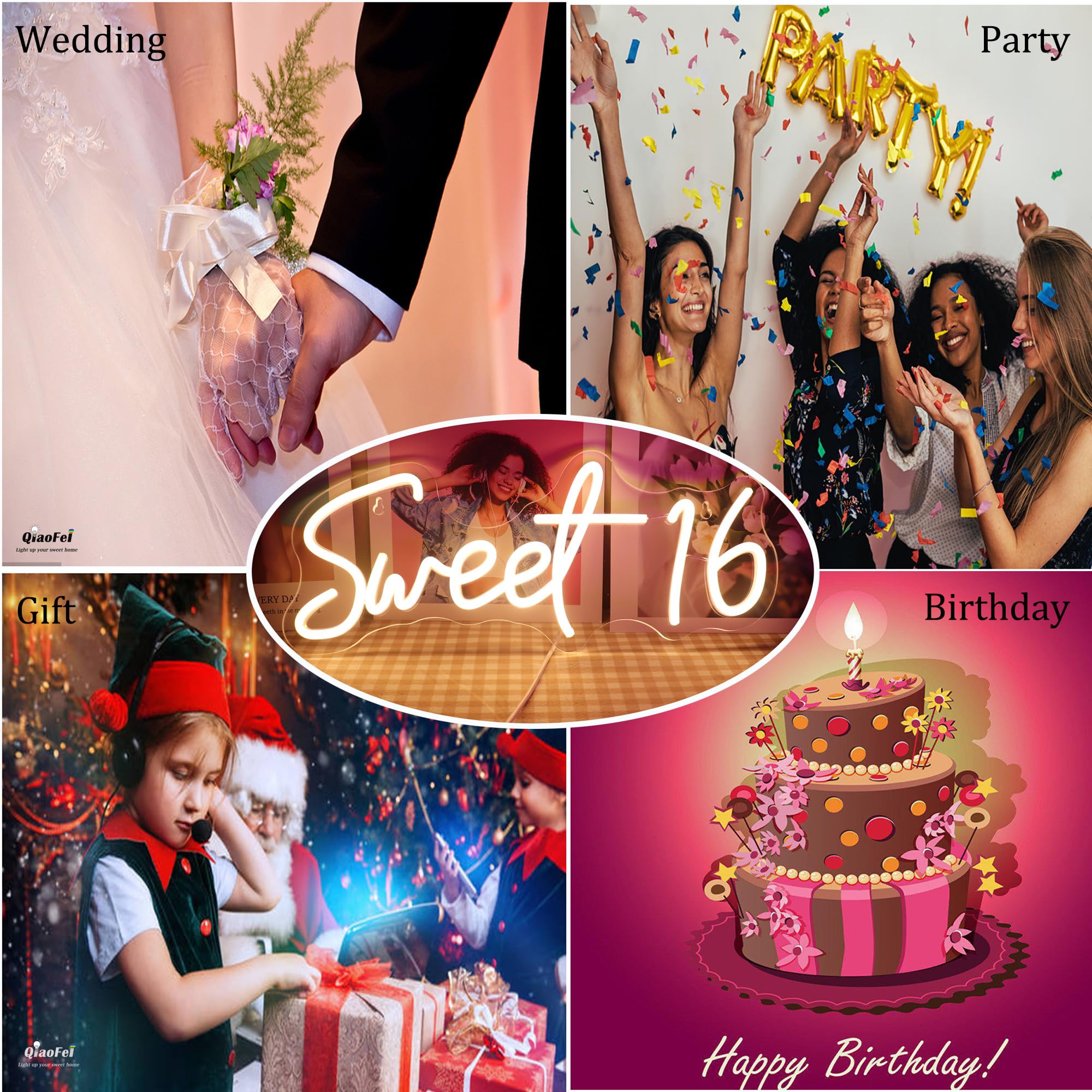QiaoFei LED Neon Sign for Sweet 16 Birthday, USB Powered with Dimmer, Warm White, Model QFLGT230317013, Room Decor for Girls