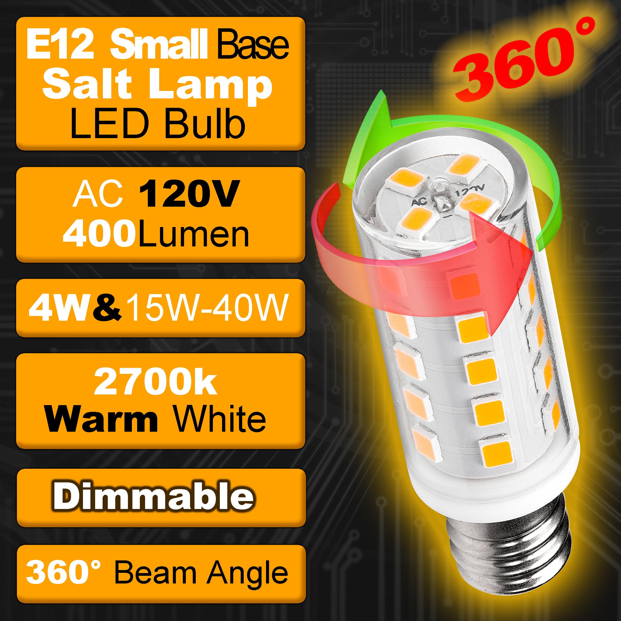 Hylroe Dimmable E12 LED Himalayan Salt Lamp 4W, 2700K Warm White, Candelabra Base, 4 Pack, Model HYLE1242D