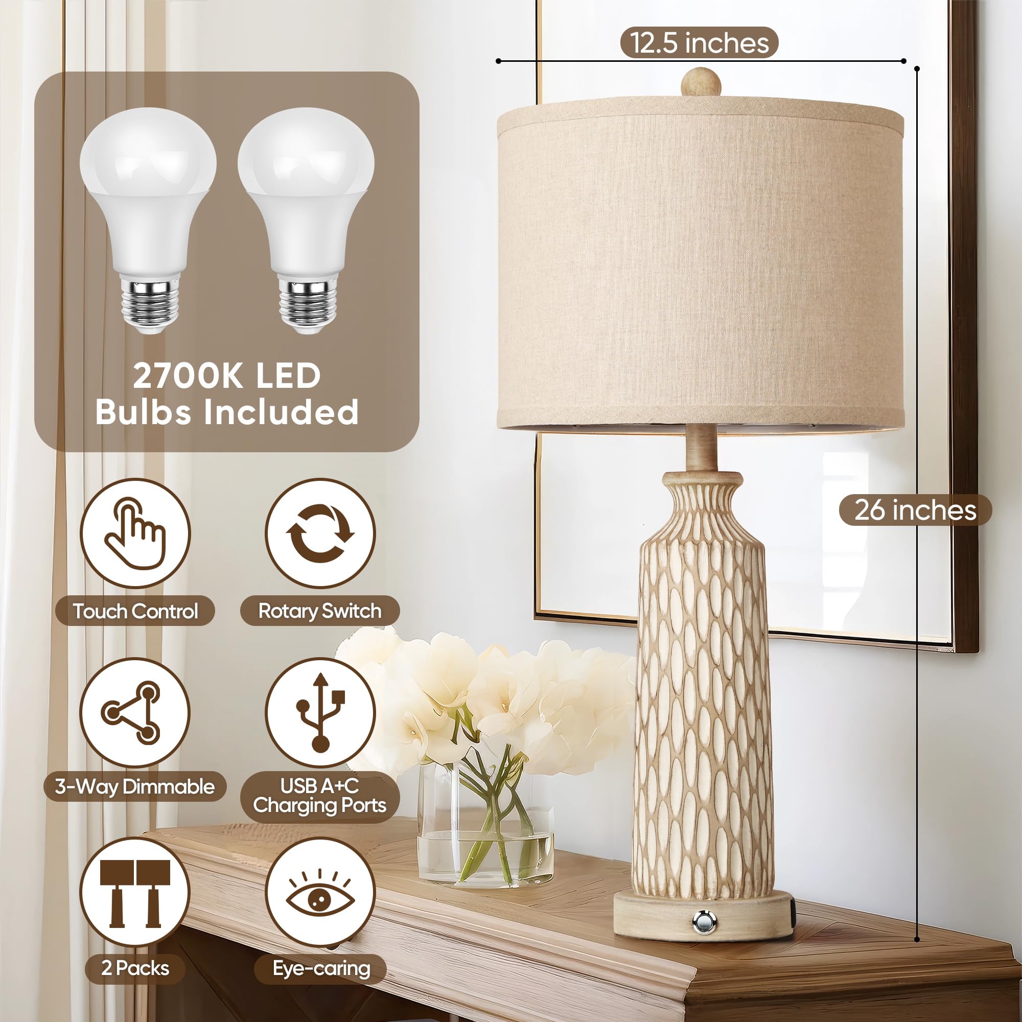 Qimh Table Lamp For Living Room With Usb A+C Ports, Farmhouse Bedside Lamps For Bedroom Set Of 2, Touch Control 3-Way Dimmable,