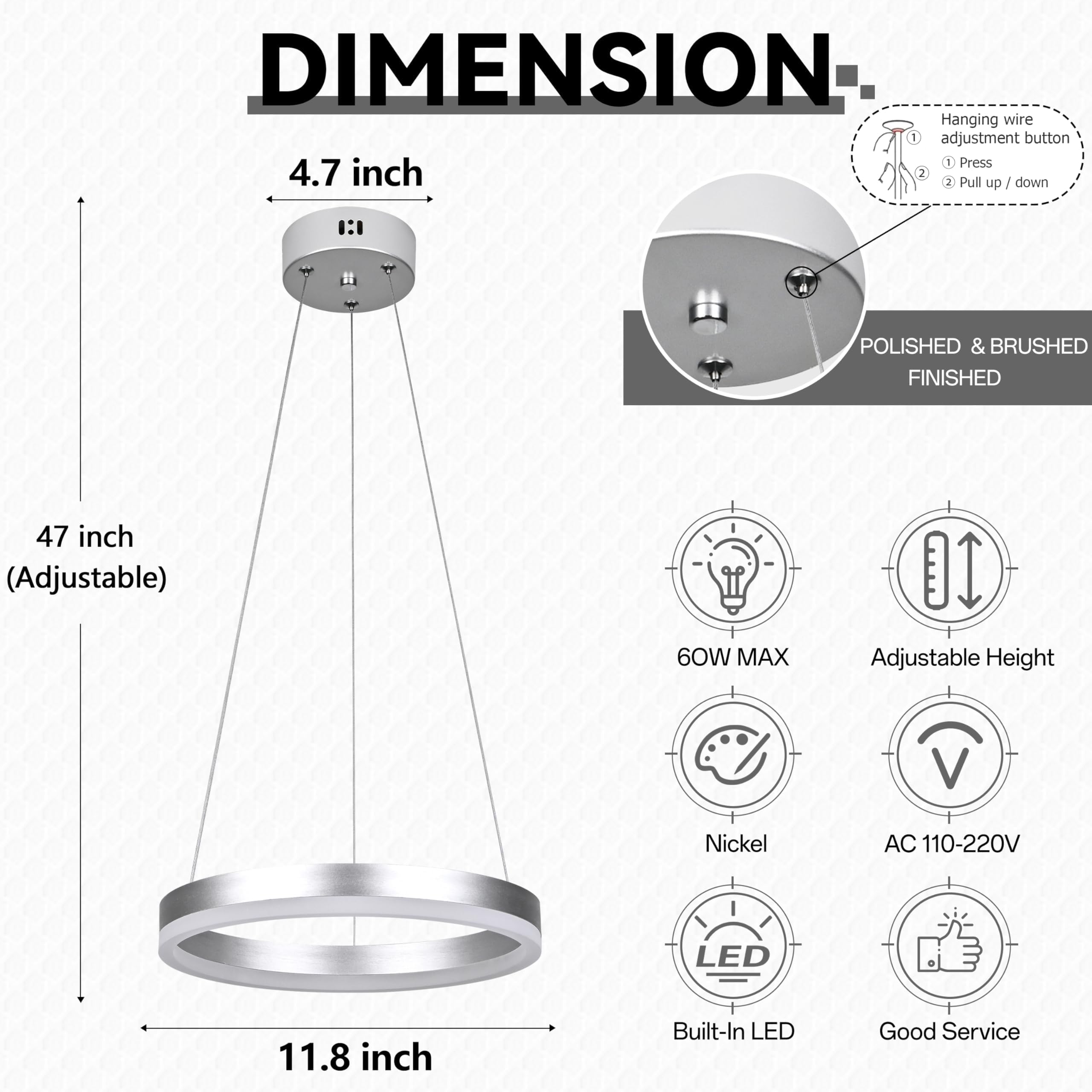 Mccokaige 12'' Nickel Led Ring Chandelier Ring Modern Led Chandelier Modern Pendant Lights Adjustable Height Light Contemporary