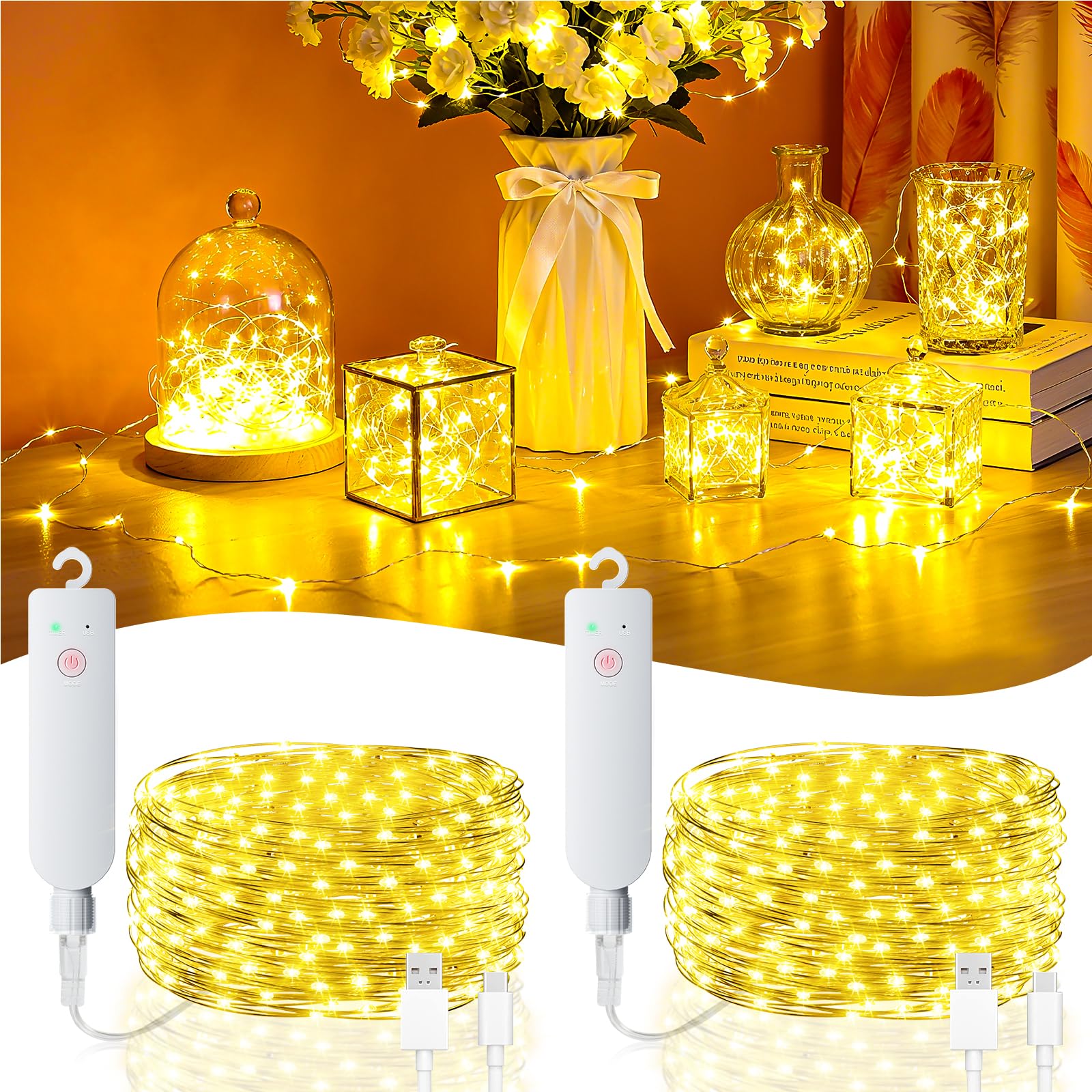 32FT(16 * 2) Fairy Lights Battery Operated, Rechargeable String Lights with Timer, Mini Waterproof LED Twinkle Lights for Bedroo