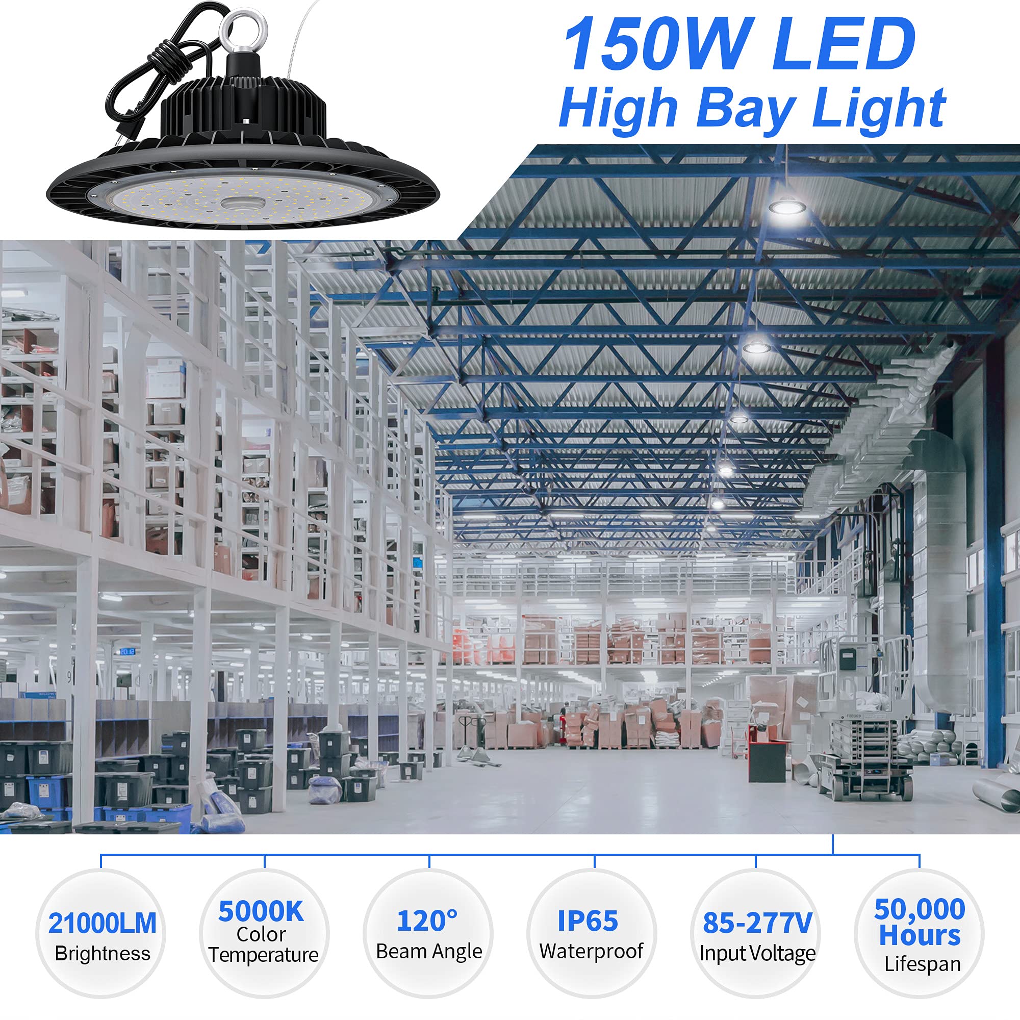 Hugtek LED High Bay Light 150W 21000 LM IP65 Waterproof 5000K Daylight Black