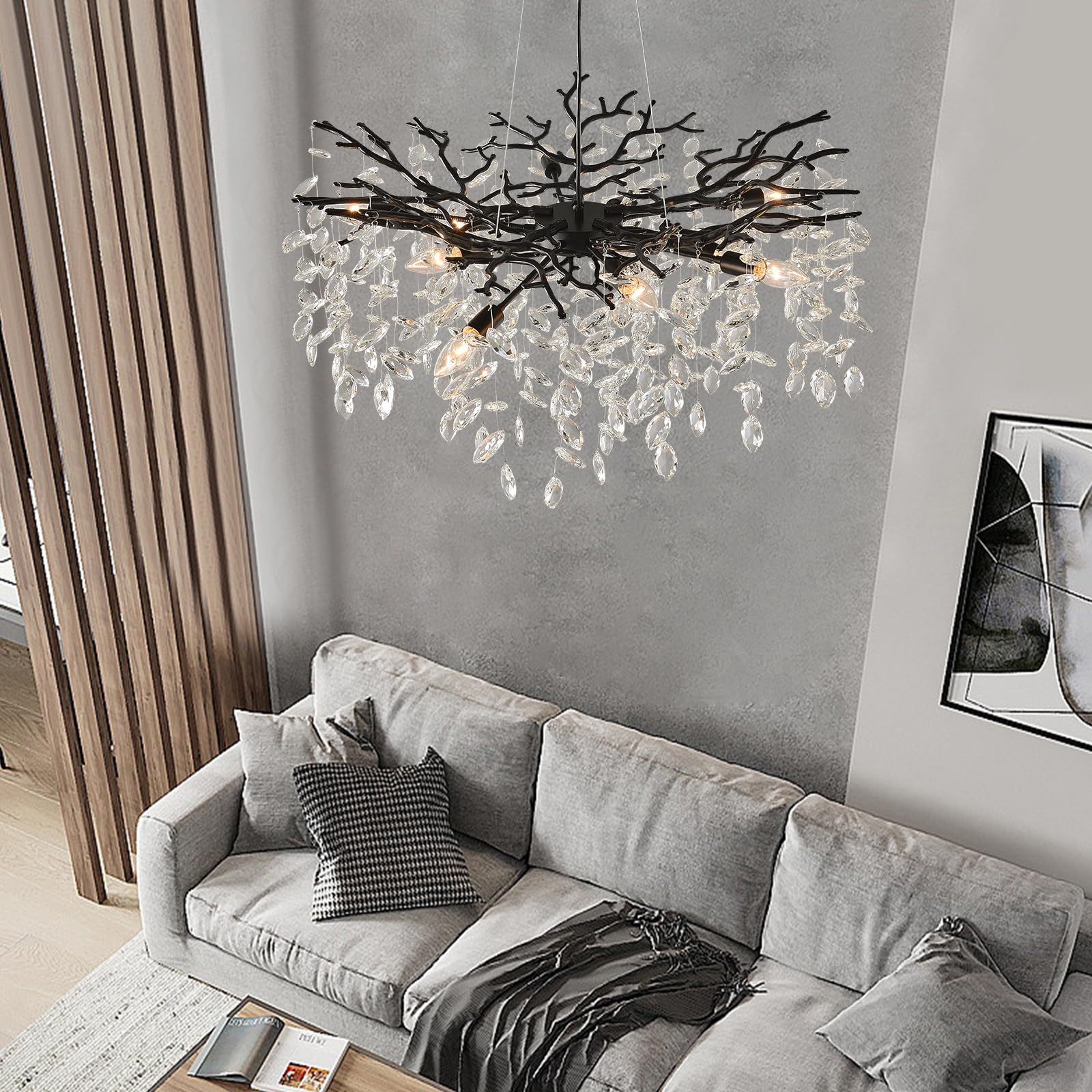 EGM 32 Inch Black Crystal Chandelier, 10-Light E12 Metal Hanging Fixture for Living Room, Dining Room, Bedroom, Foyer