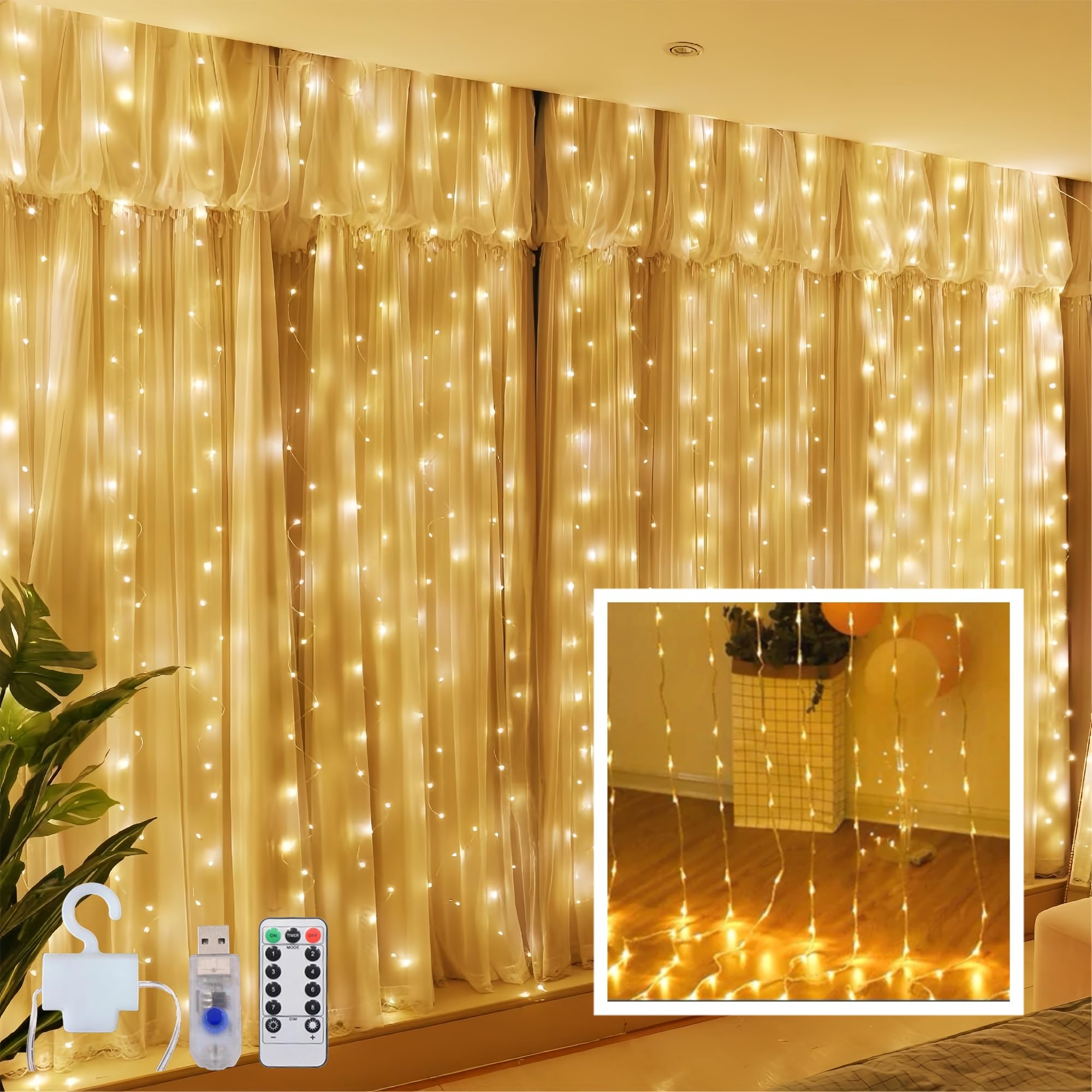 Clearhill 3 * 3Curtain String Lights 300LED Warm 8 Modes Soft Wire Curtain Lights with Remote & Timer, USB Operated, Waterproof 