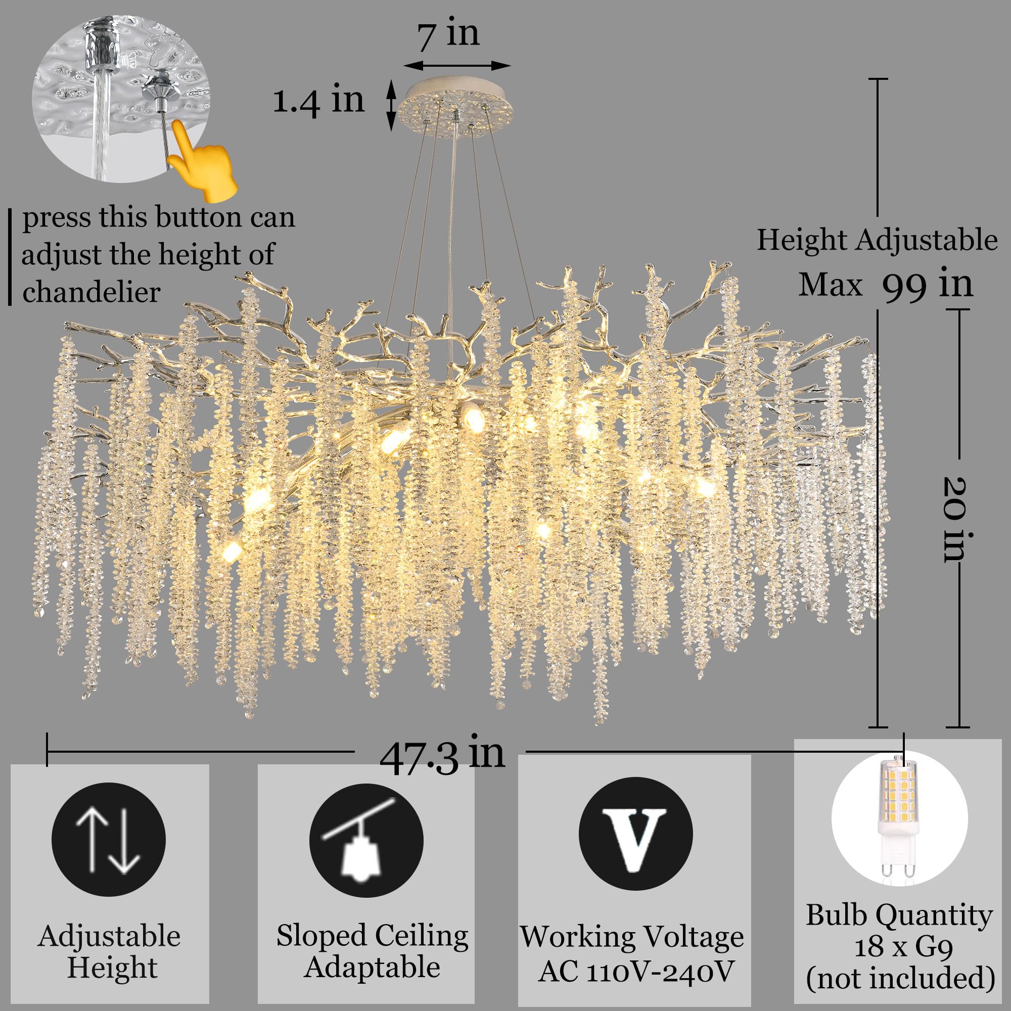 Upfelw Modern Crystal Tree Branch Chandeliers Chrome D47'', Round Art Deco Raindrop Lighting Fixture For Dining Room Living Room