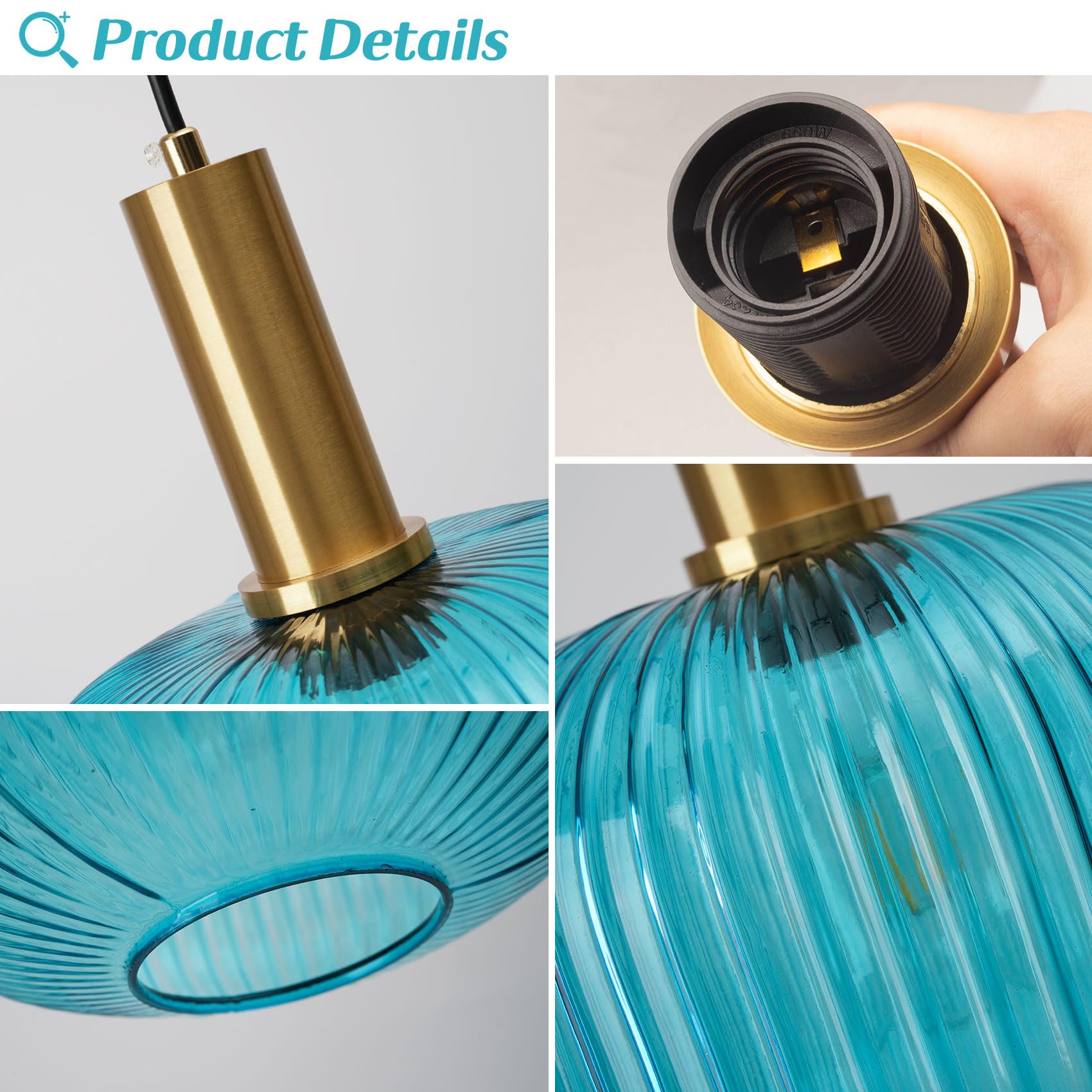 Pobllem Plug In Glass Pendant Light Blue Chandelier Ceiling Light Fixtures With Classic Striped Lantern Design, Mid Century Mode